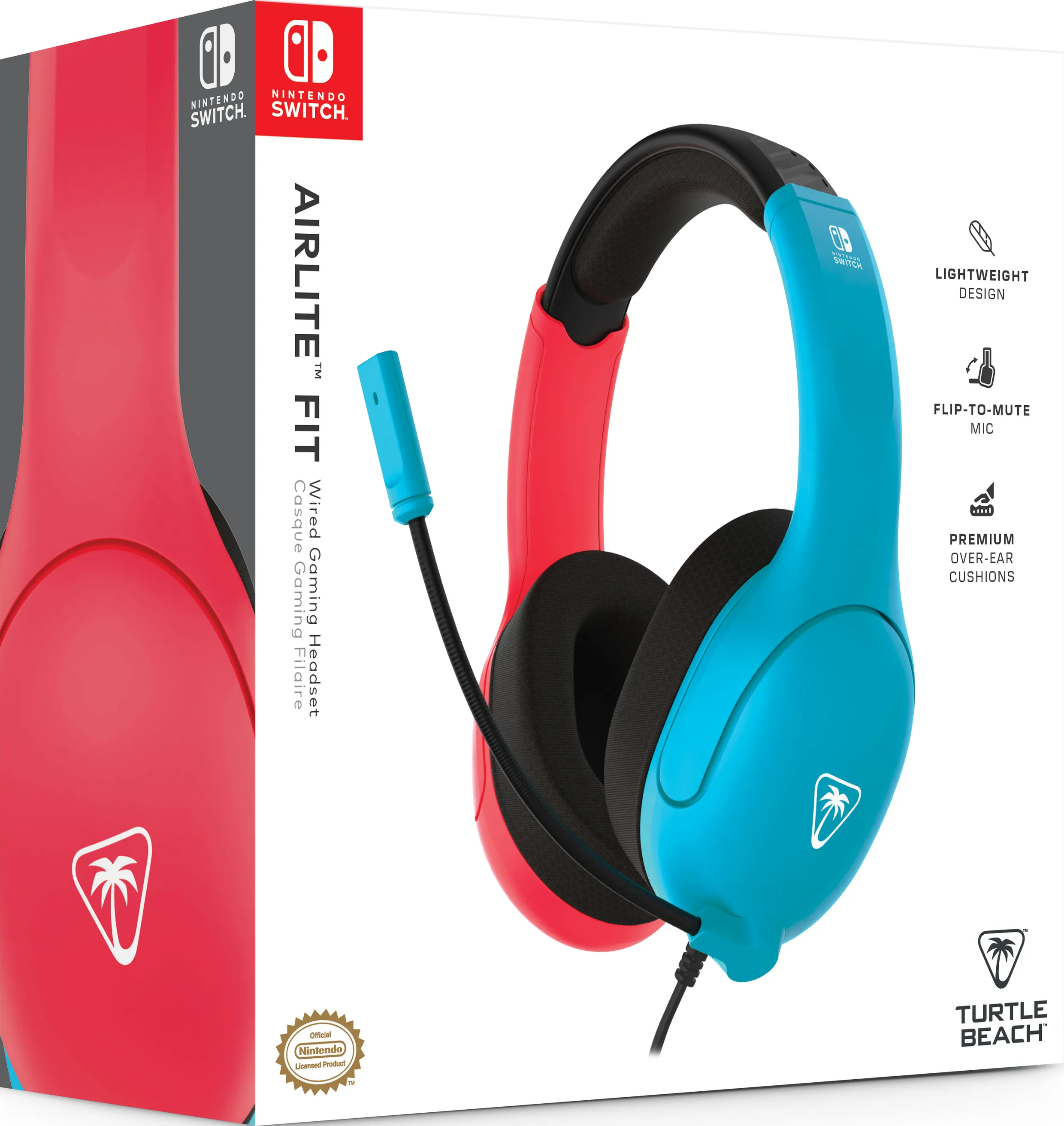 Schachtel mit rot-blauem Nintendo Switch-Headset AIRLITE FIT. Es hat ein Mikrofon.