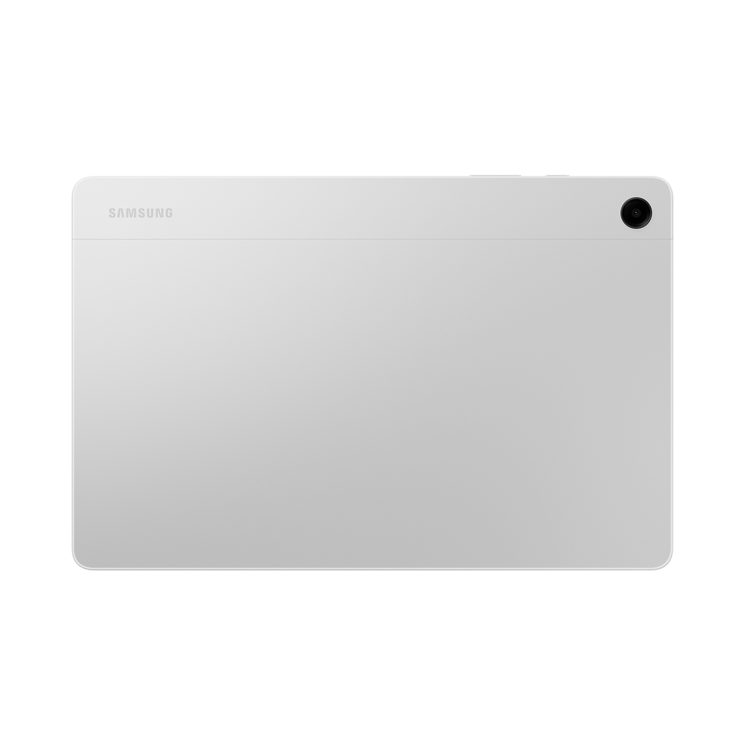 Parte trasera de tableta blanca con cámara y logotipo de Samsung. El fondo es blanco.