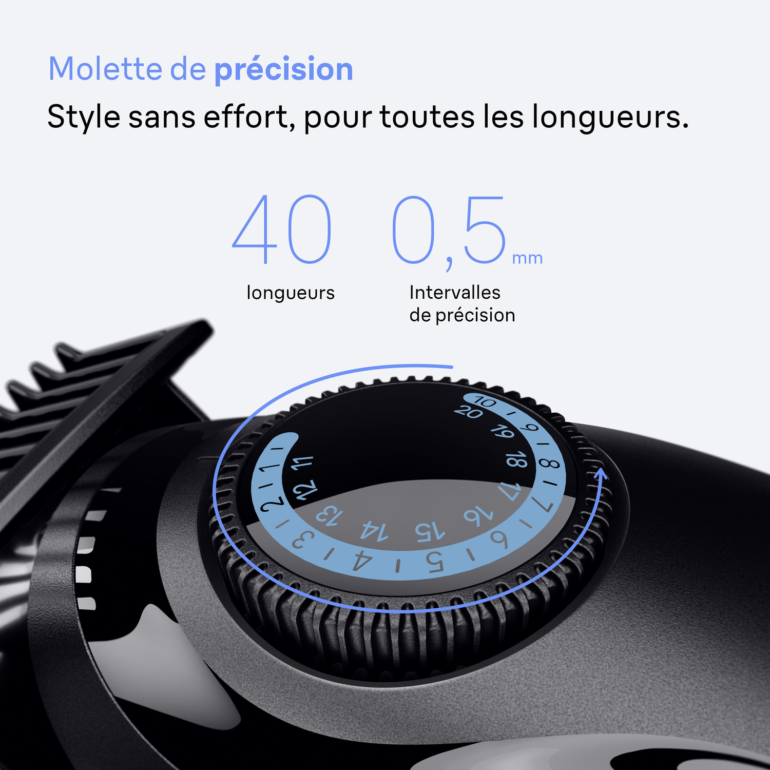 Gros plan sur le cadran de précision d'un rasoir électrique noir. Le cadran a des chiffres et est bleu.