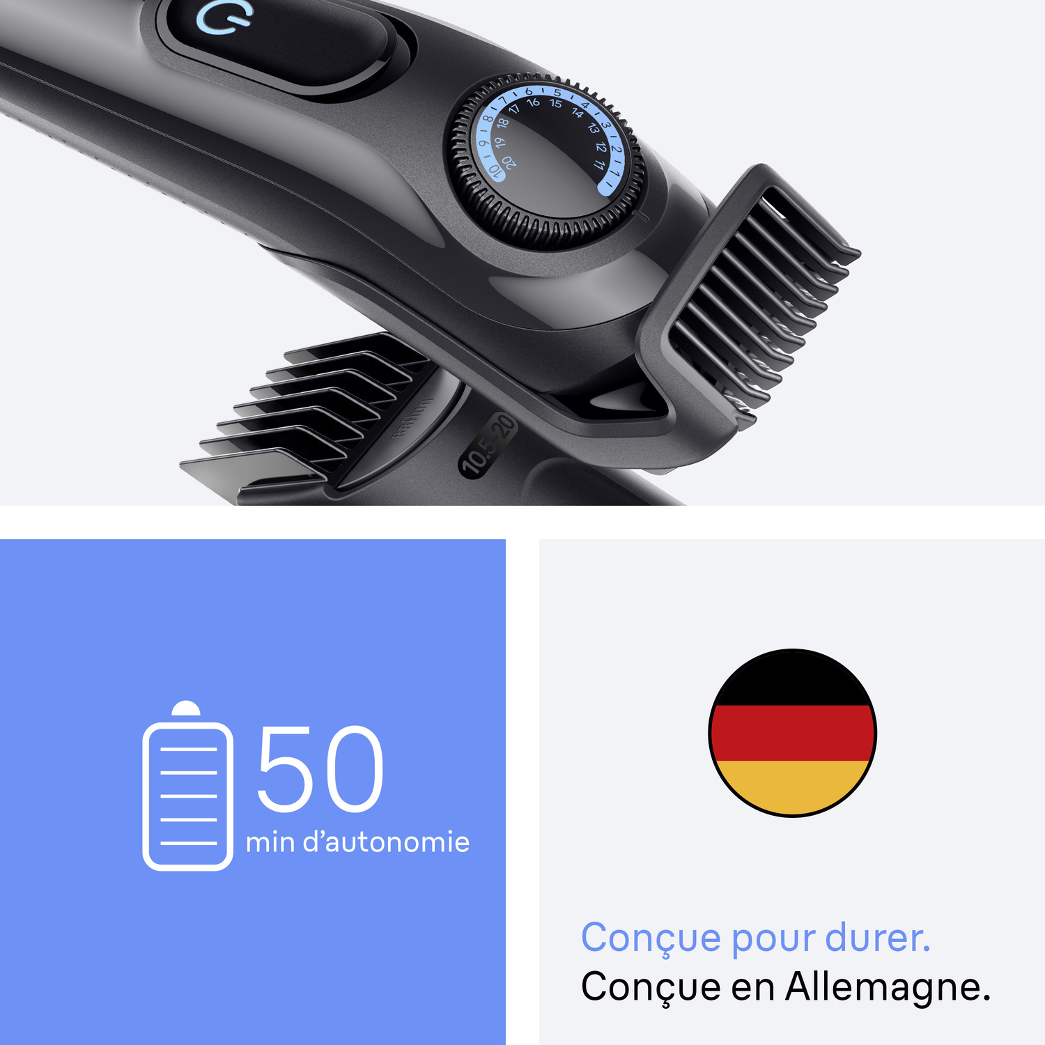 Rasoir électrique avec bouton d'alimentation bleu et icône de batterie. Un drapeau allemand est également présent.