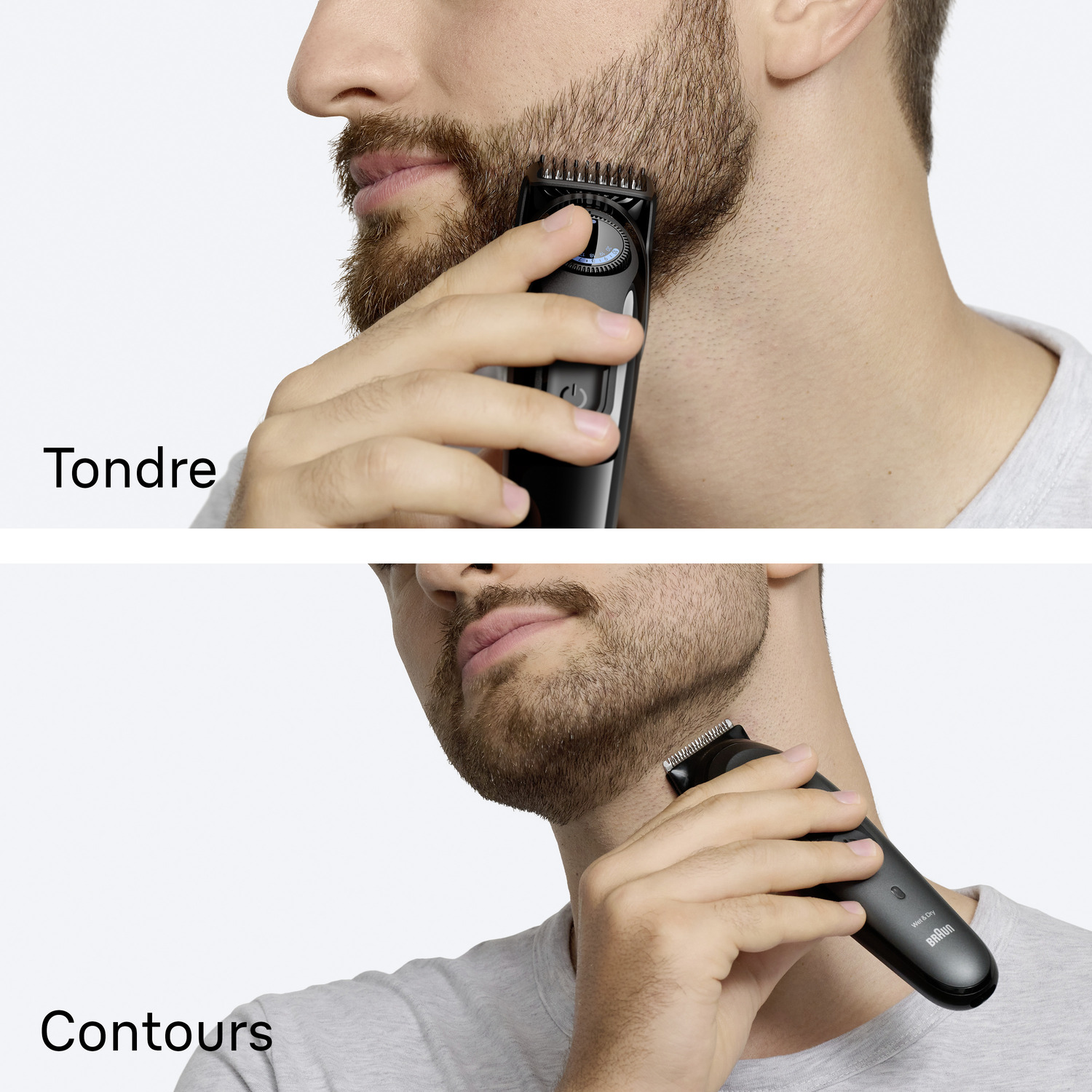 Un homme taille sa barbe avec un rasoir électrique. La deuxième image montre les contours.