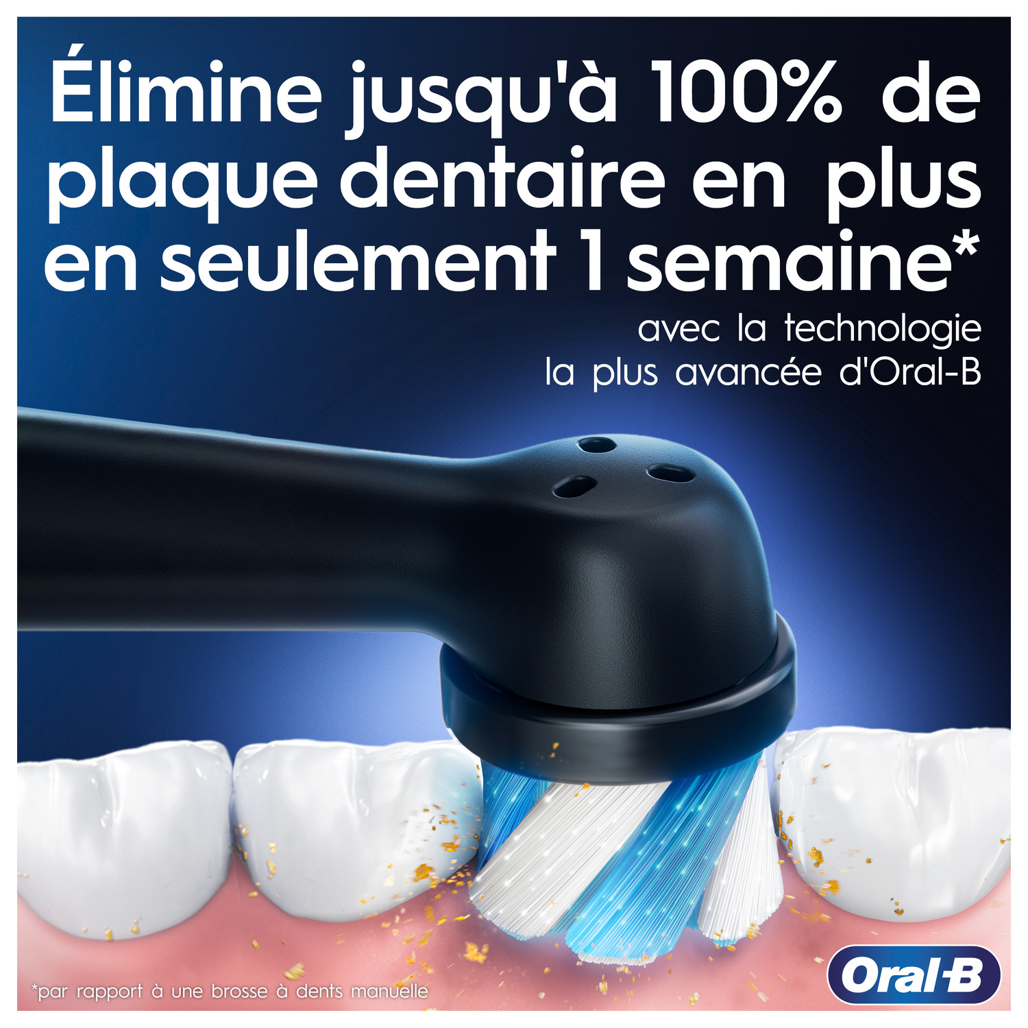 Brosse à dents électrique nettoyant les dents. Montre une tête de brosse bleue et blanche enlever la plaque.