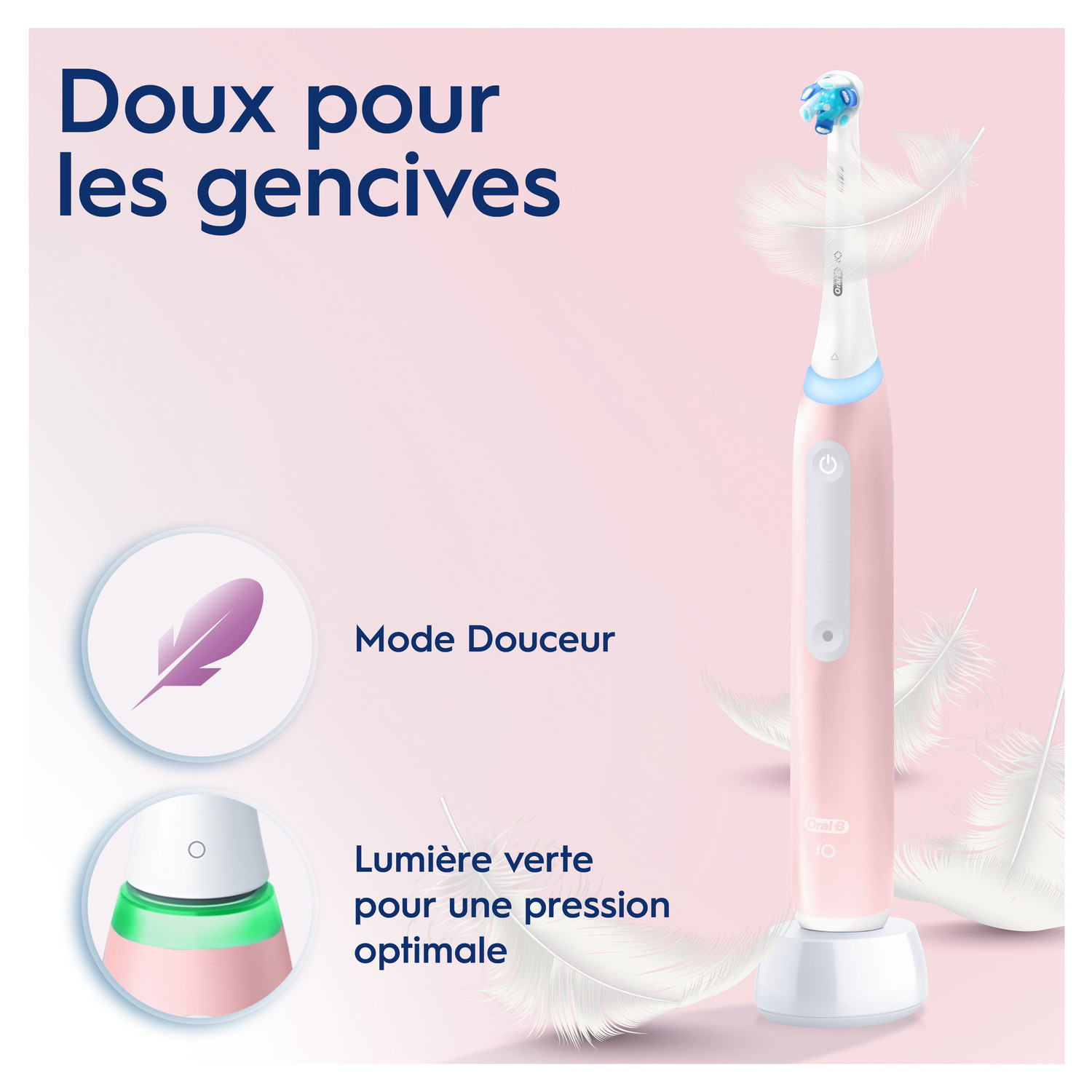 Brosse à dents électrique rose avec des plumes blanches et texte: Doux pour les gencives.