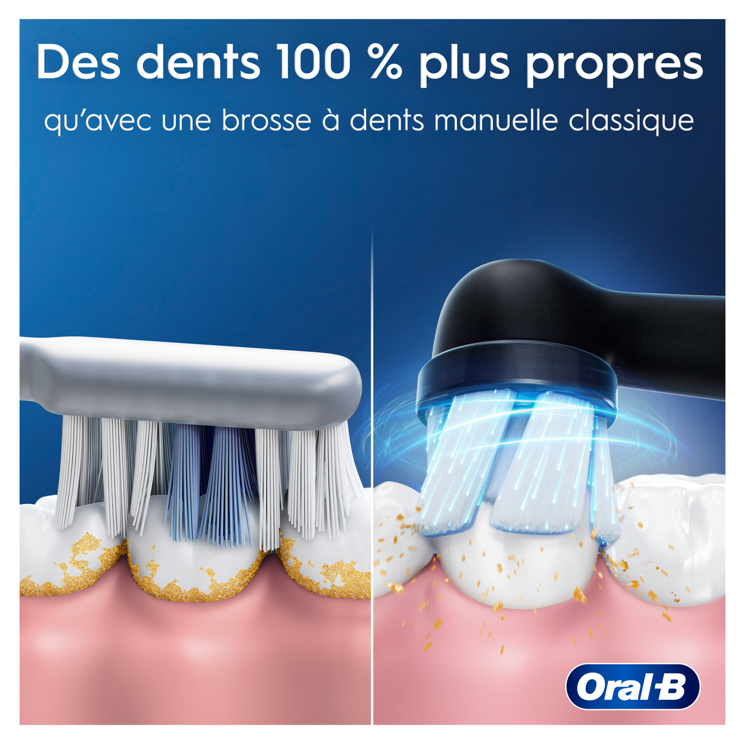 Un gros plan extrême montre des dents avec une brosse à dents, le texte dit : Des dents 100 % plus propres.