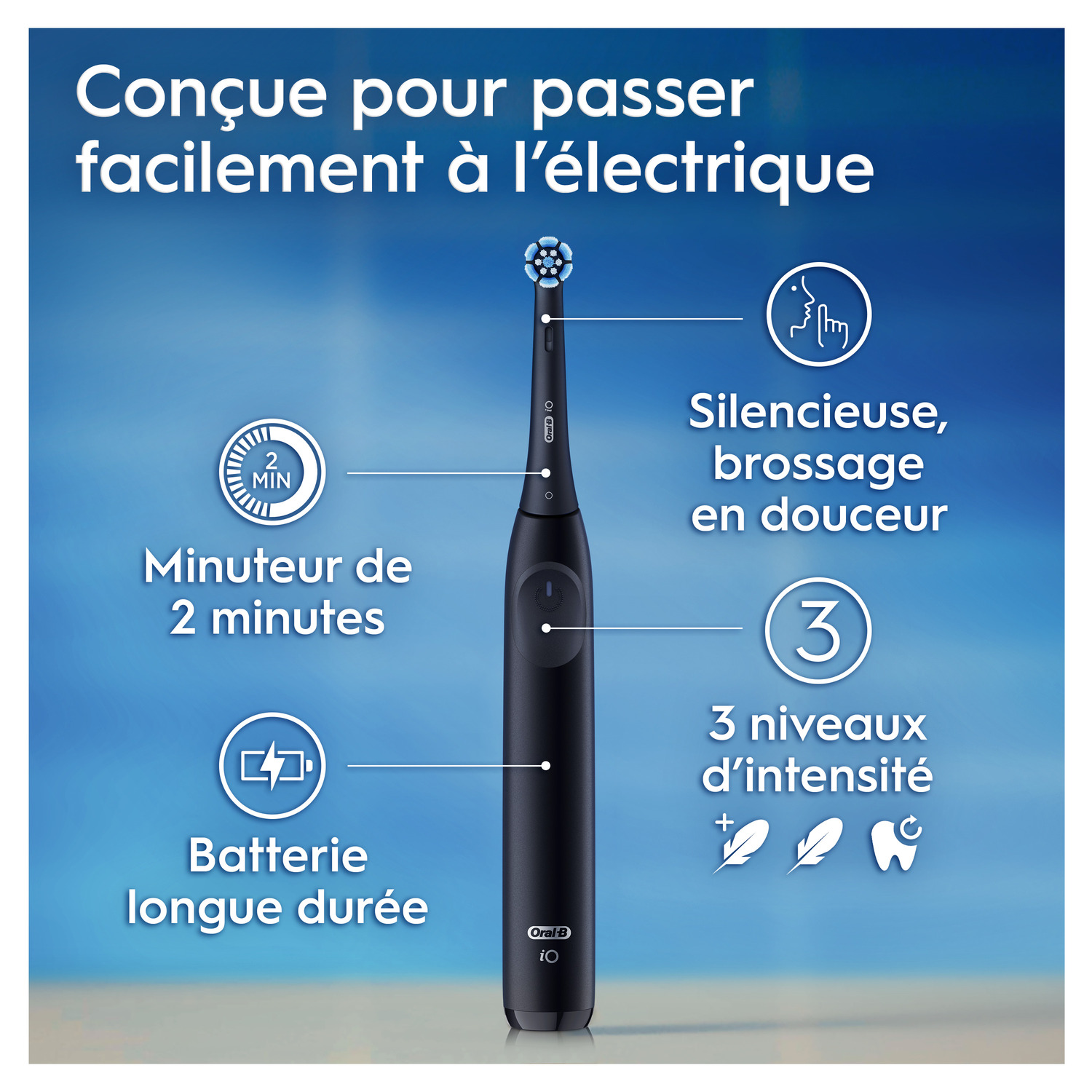 Une brosse à dents électrique noire avec le texte : Conçue pour passer facilement à l'électrique.