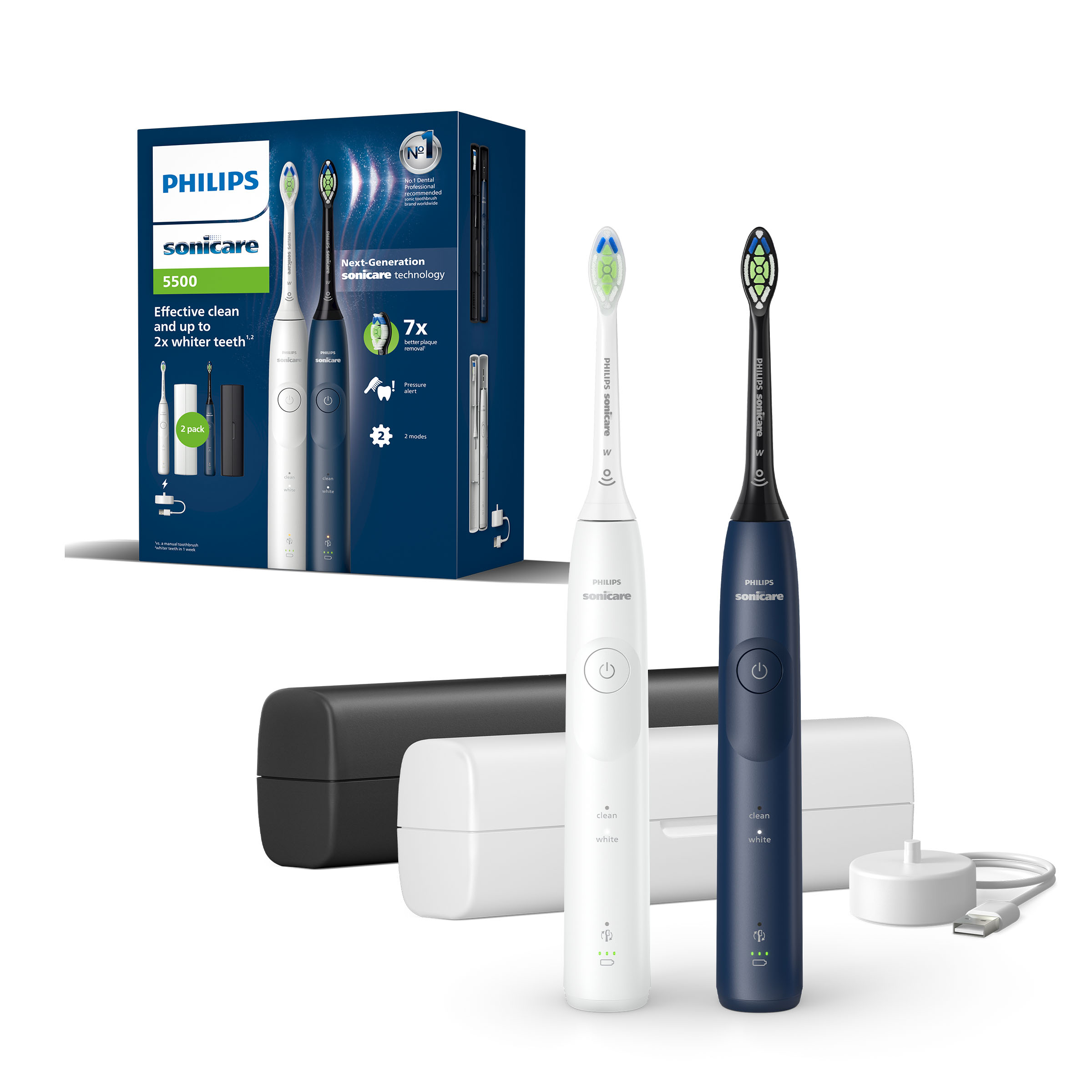 Dwie szczoteczki Philips Sonicare, pudełko i akcesoria. Białe i niebieskie szczoteczki.