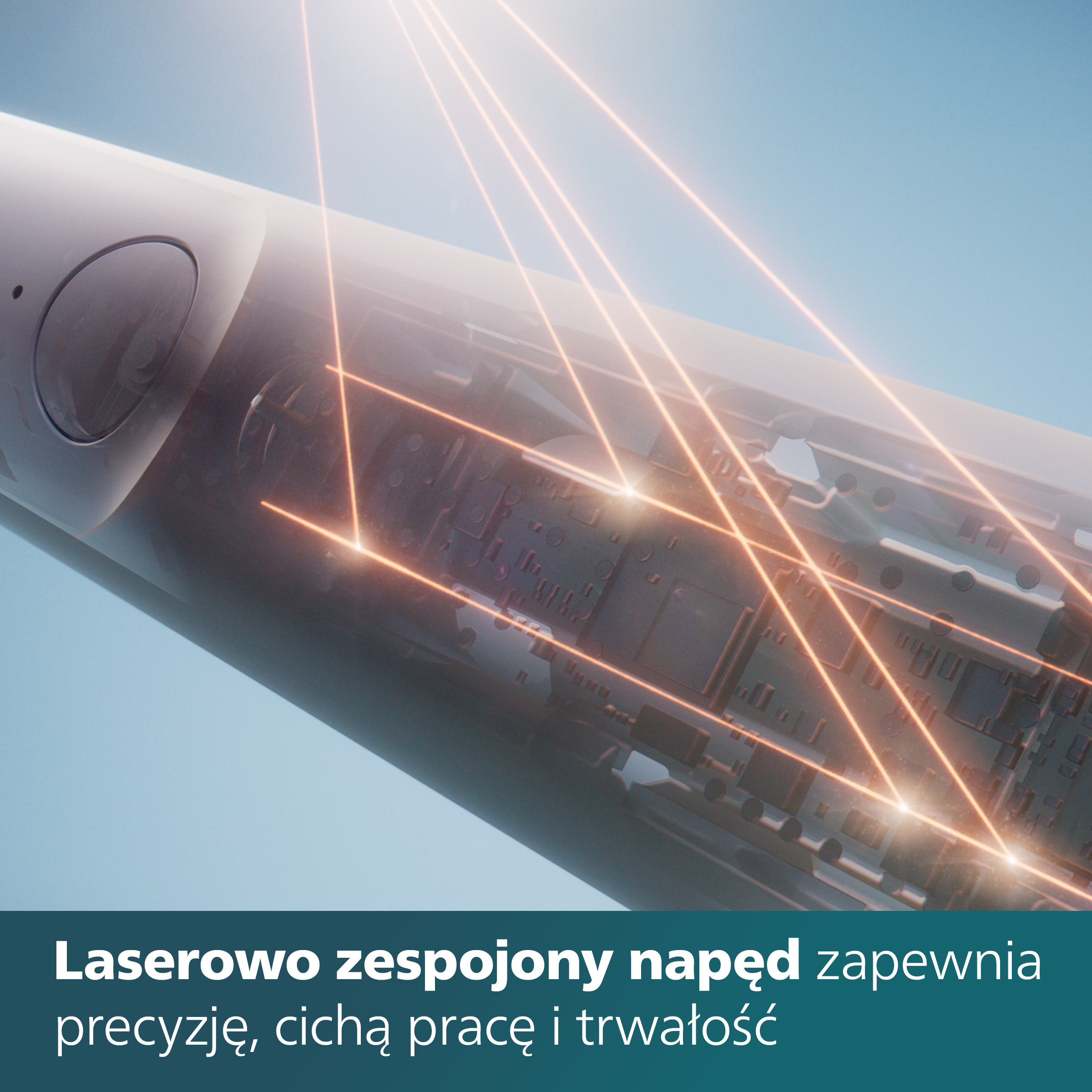 Zbliżenie szczoteczki Philips Sonicare z wiązkami laserowymi. Niebieskie tło.