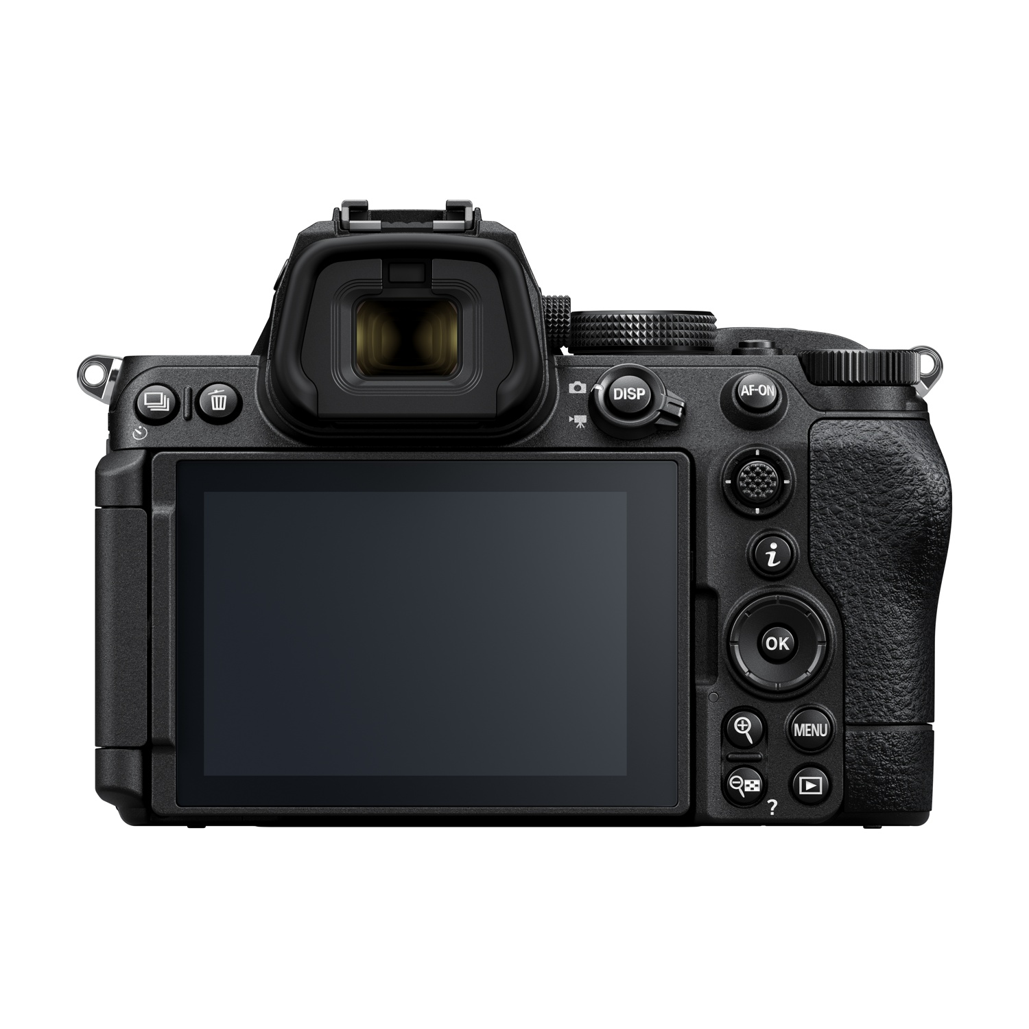 Vista posteriore della fotocamera Nikon serie Z nera. Schermo e pulsanti sono visibili.