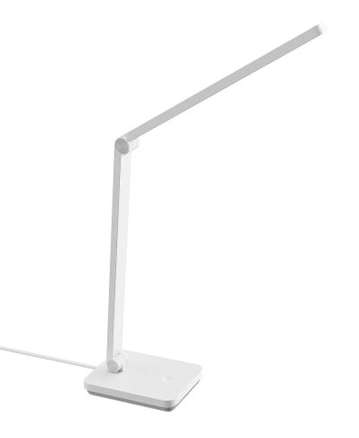 Biała lampa biurkowa z prostokątną podstawą i regulowanym ramieniem, na białym tle.