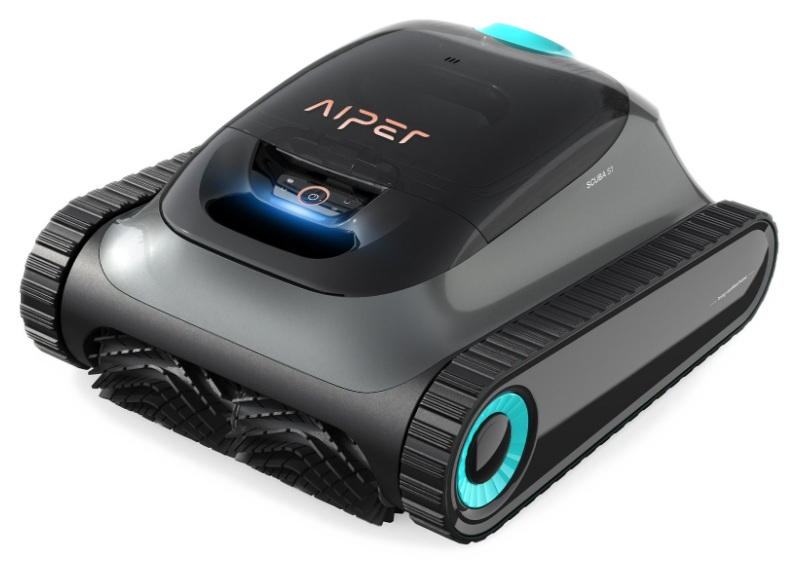 Czarno-szary robot do czyszczenia basenów na gąsienicach. Posiada górną pokrywę i panel sterowania.