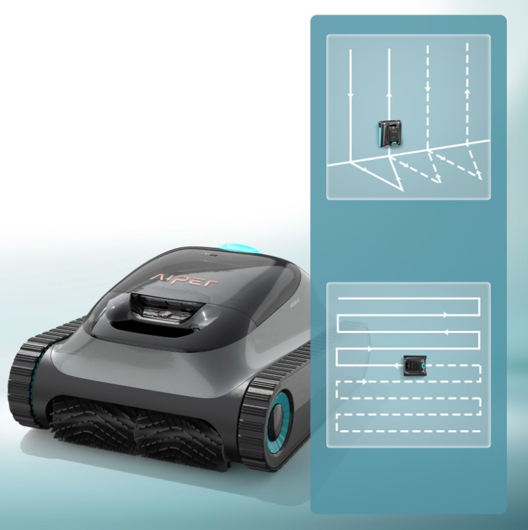 Schemat pokazujący dwa wzory czyszczenia robota do czyszczenia basenu, jeden z liniami, a drugi zygzakiem.