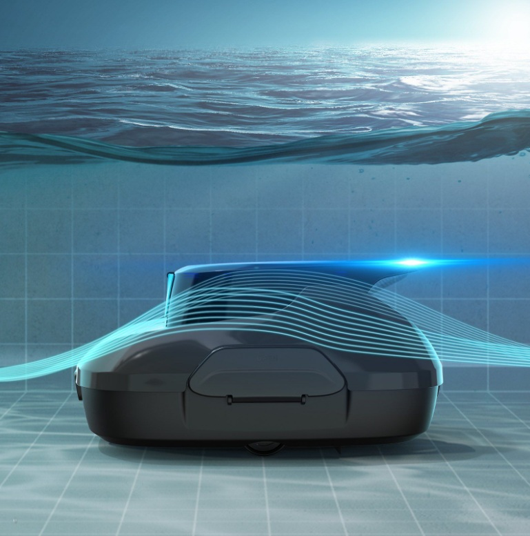 Robot do czyszczenia basenu pod wodą, niebieskie wiązki światła. Niebieskie linie i wzór kratki, ciemne tło.