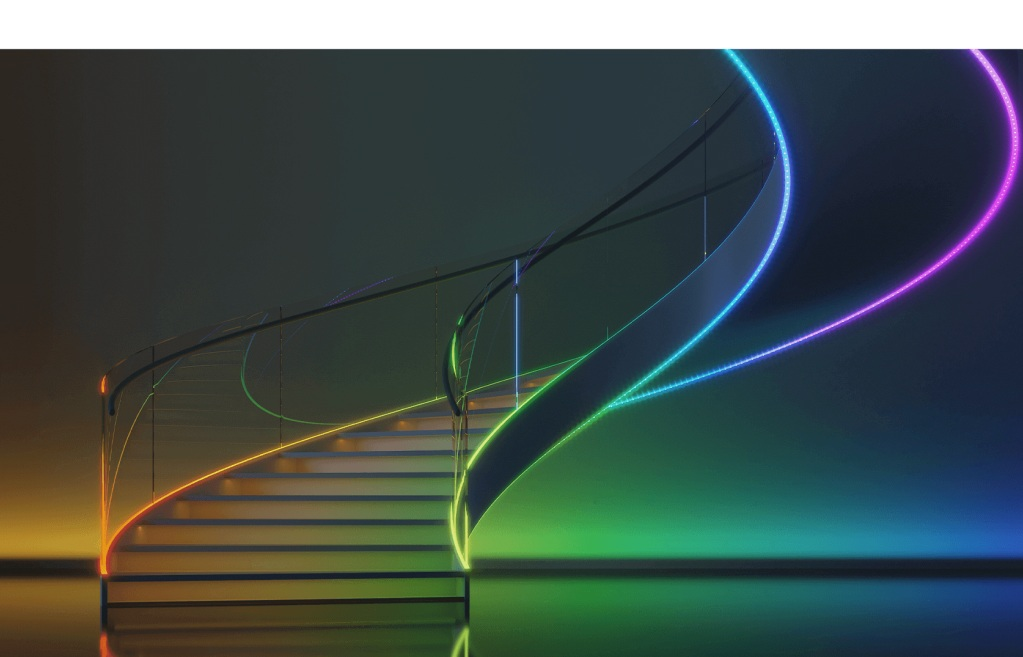 Schody spiralne z kolorowymi neonami. Ciemne tło, błyszcząca podłoga.