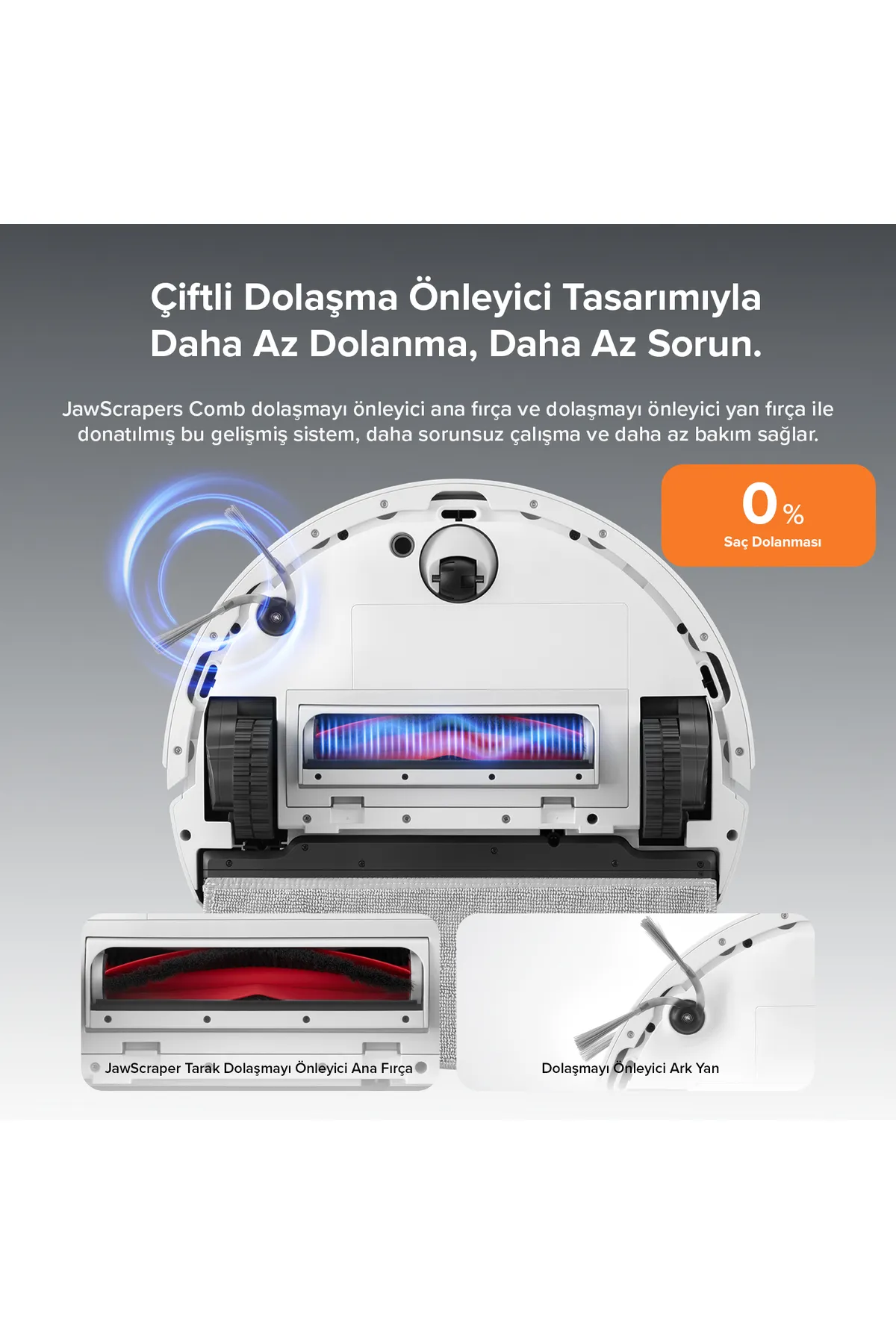 Fırçayı ve dolaşmayı önleyici tasarımı gösteren robot süpürgenin yakın çekimi.