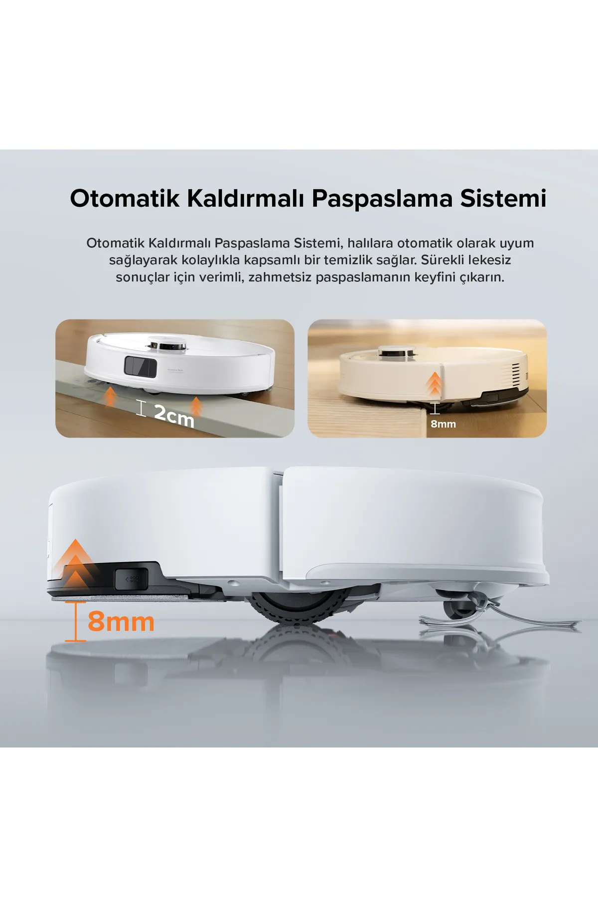 2 mm ve 8 mm boşluklarla otomatik kaldırmalı paspas sistemini gösteren diyagram.