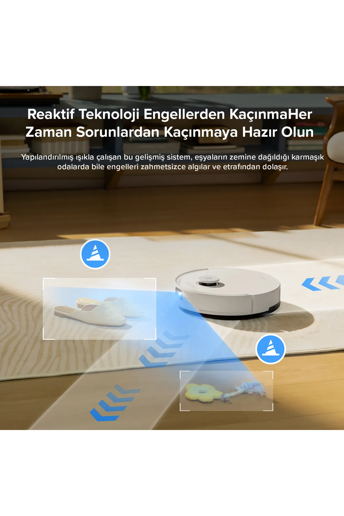 Robot süpürge, ayakkabı ve oyuncak dahil olmak üzere halıdaki engellerden kaçınıyor.