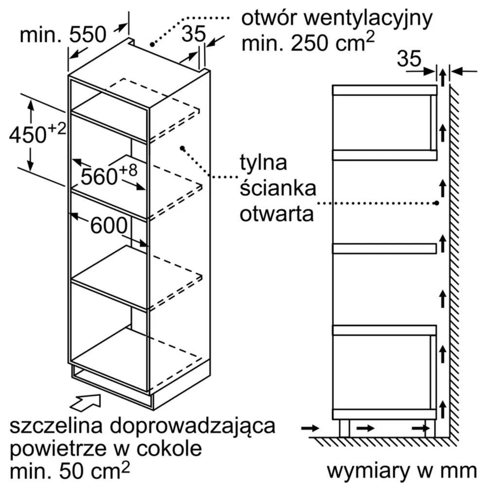 Rysunek techniczny szafki z wymiarami. Szafka posiada półki i szczegóły wentylacji.