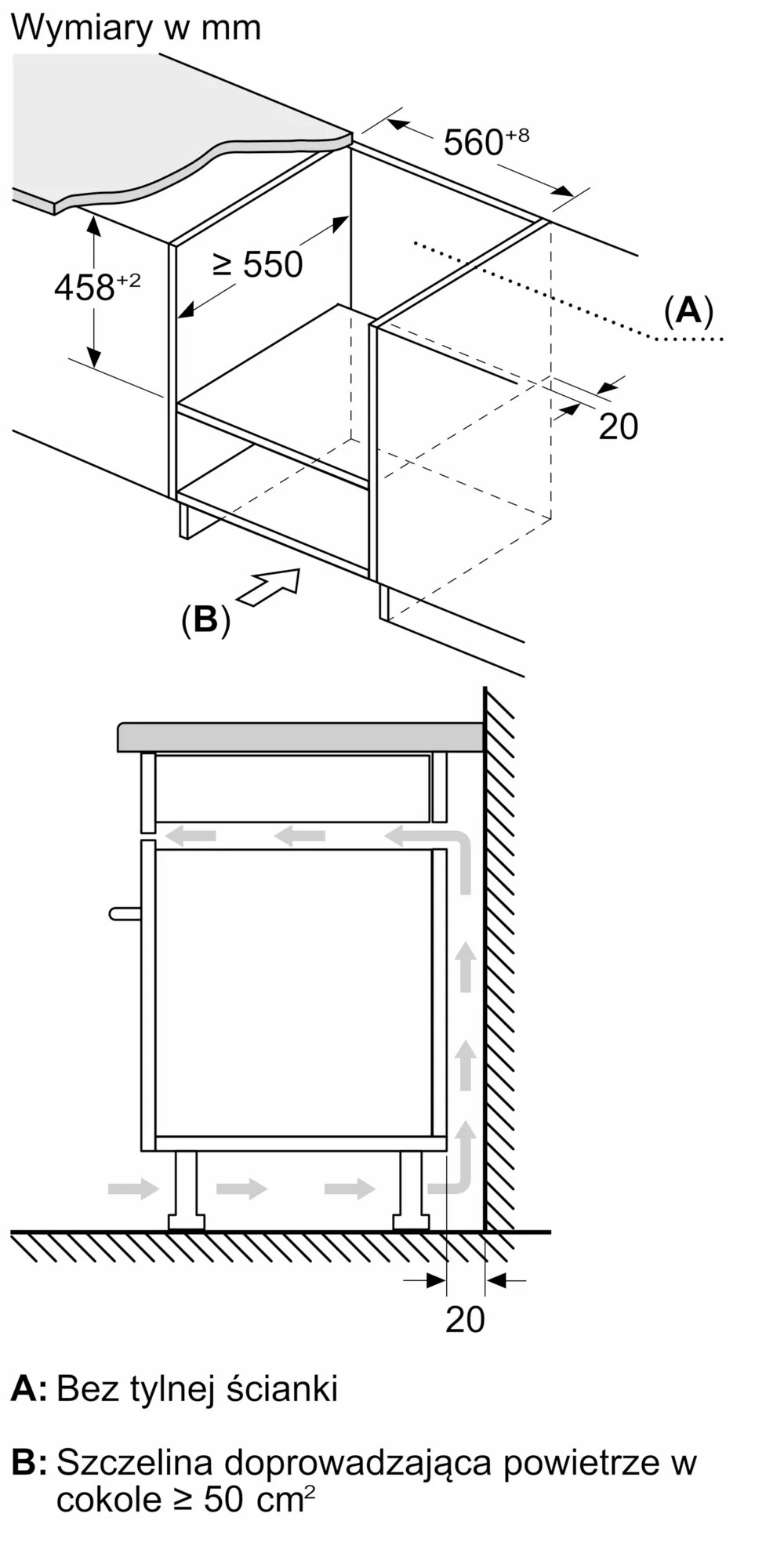 Rysunek techniczny szafki ze szczegółami przepływu powietrza. Pokazuje konstrukcję szafki.