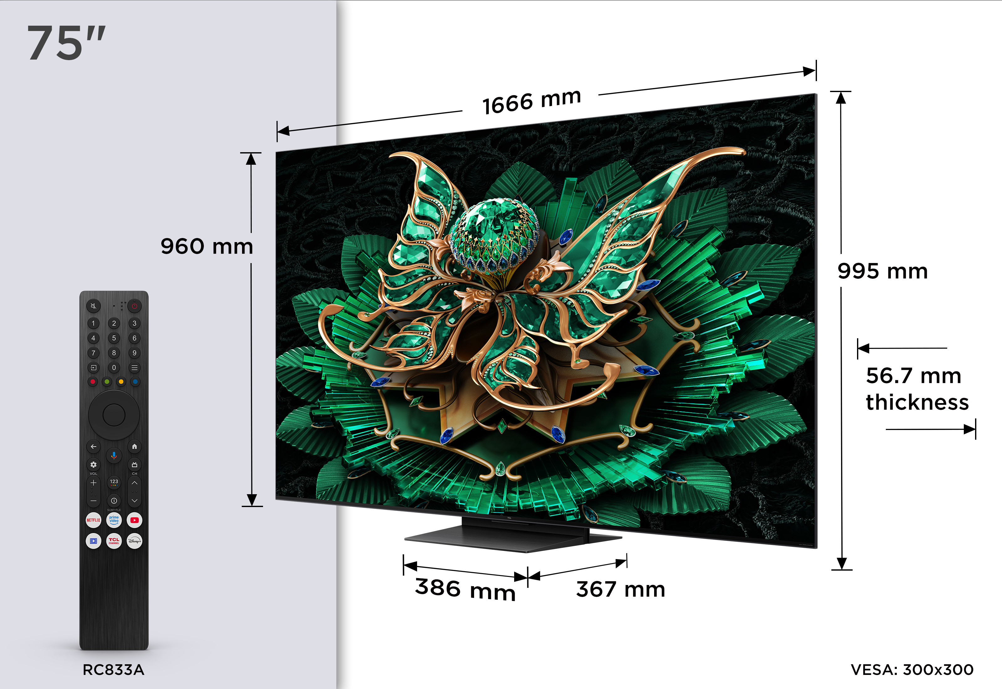 TV da 75 pollici con telecomando, che mostra le dimensioni e un design floreale sullo schermo.