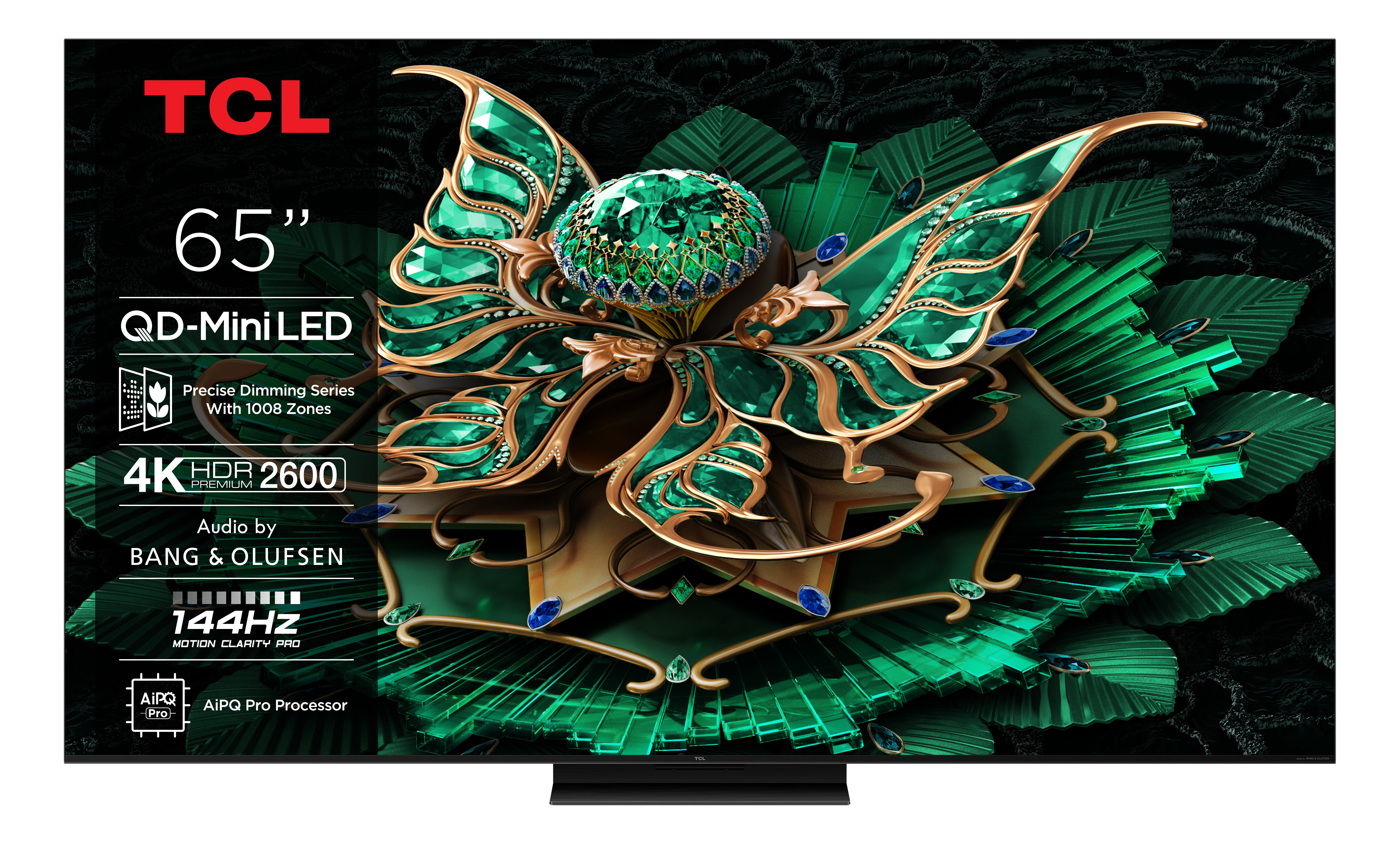 Ein 65-Zoll-Fernseher mit floralem Design, schwarzem Ständer und TCL-Logo.