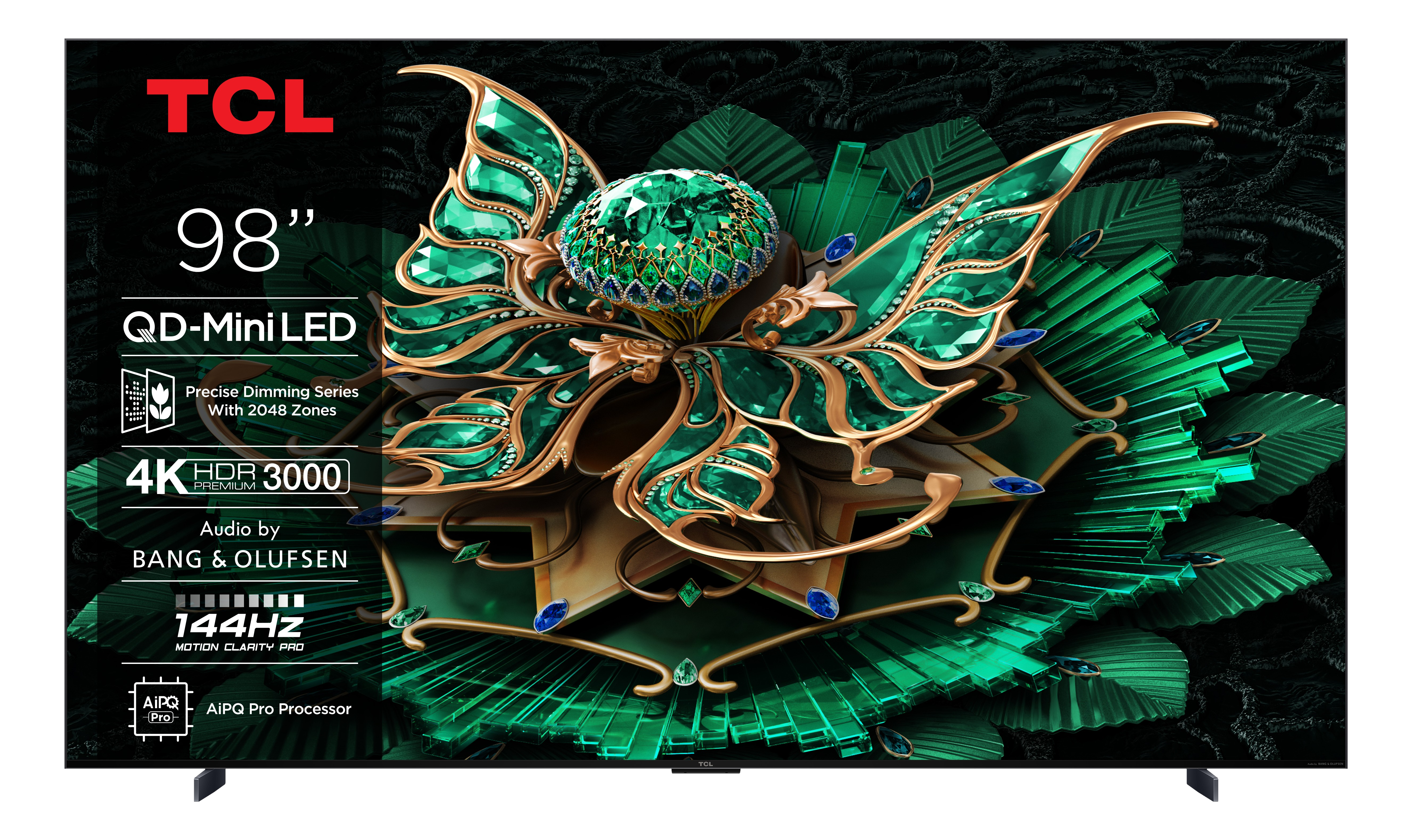Un écran de télévision TCL affiche un motif floral coloré avec des spécifications techniques telles que QD-MiniLED et 4K HDR.