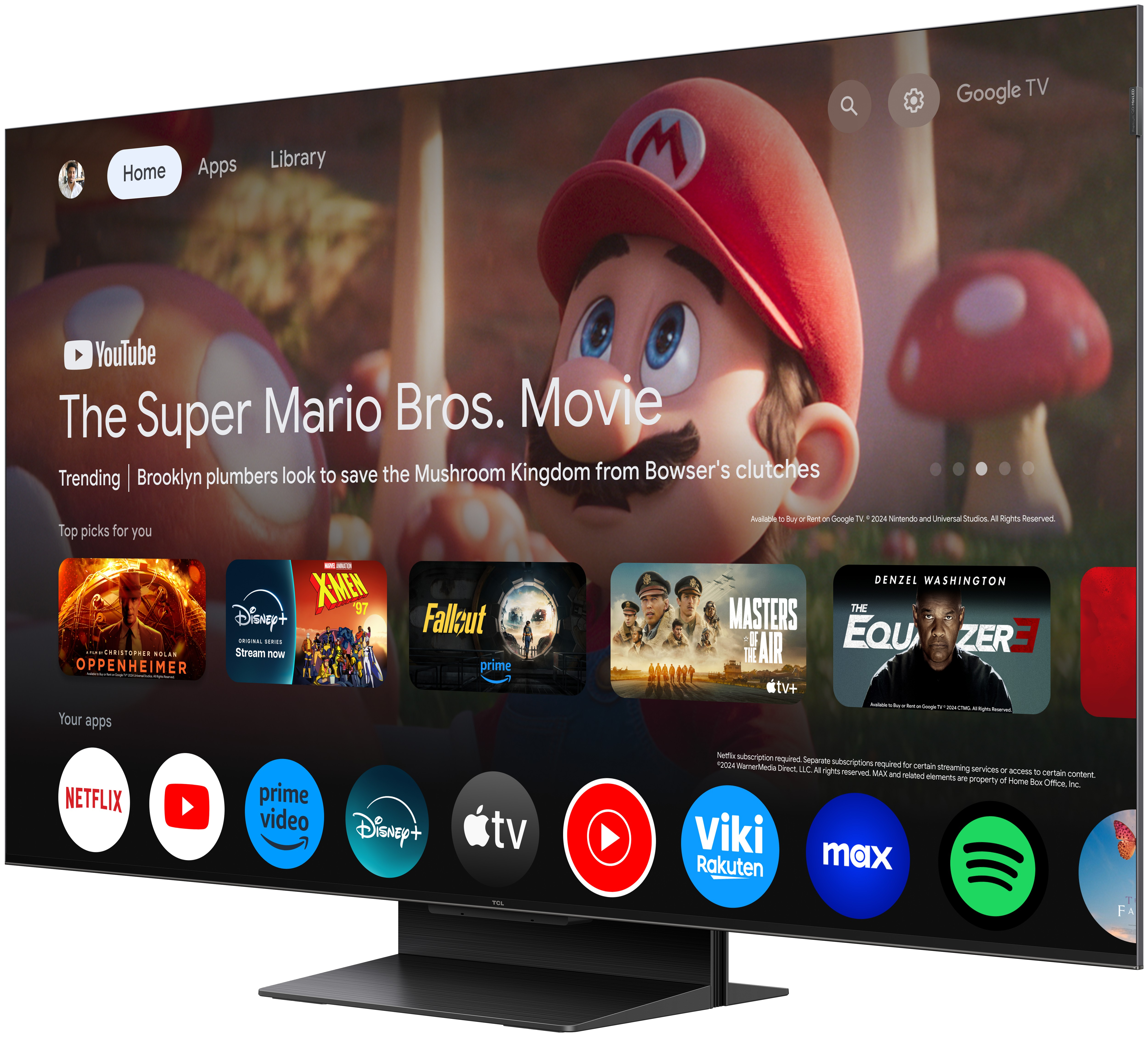 Un téléviseur affichant 'The Super Mario Bros. Movie' avec des icônes d'applications sur une interface Google TV.