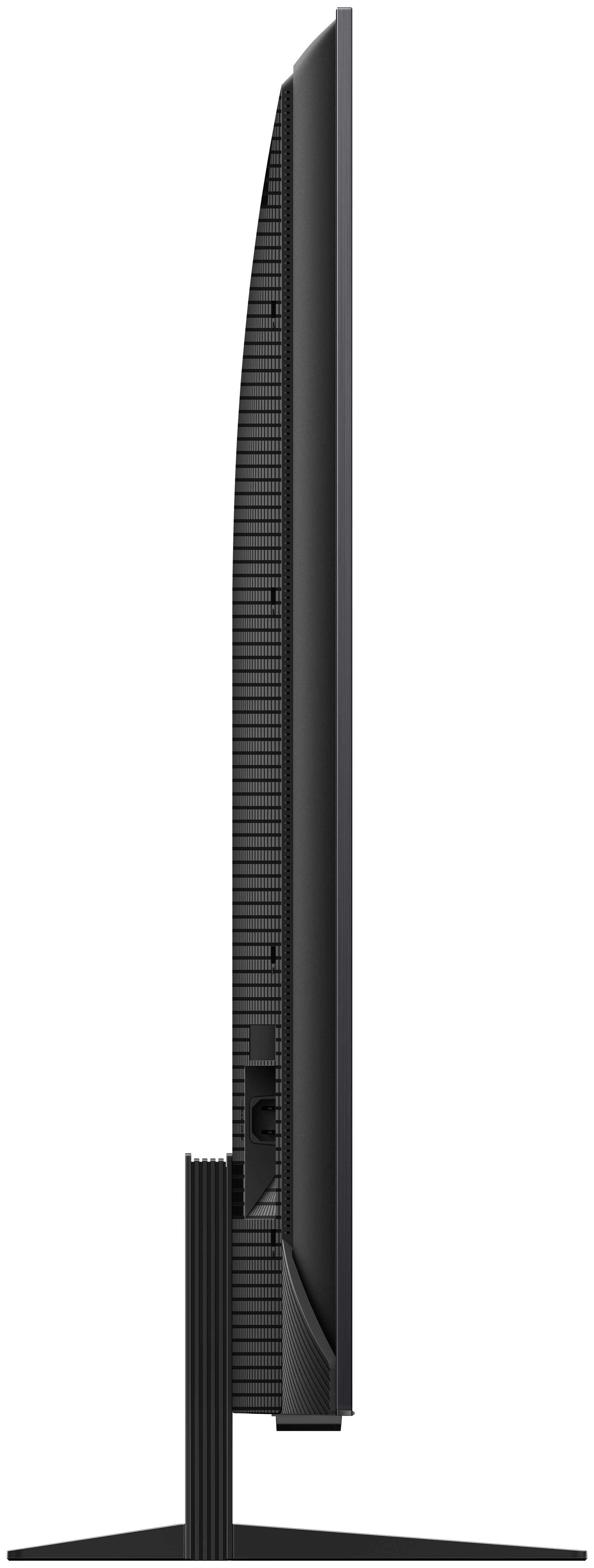 Vue latérale d'un téléviseur montrant le panneau latéral, le pied et l'épaisseur du téléviseur.