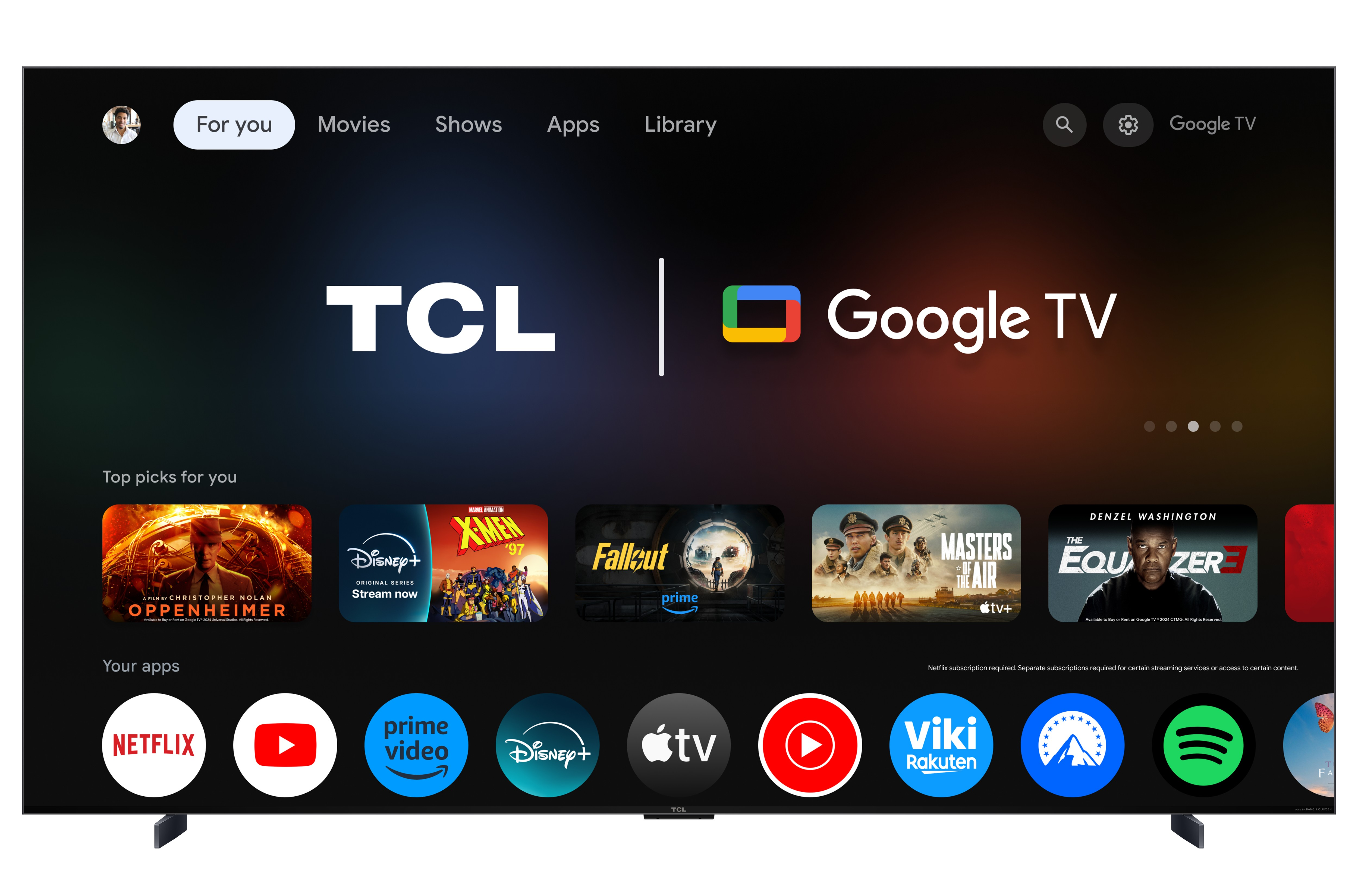 Interface TCL Google TV avec icônes d'applications et émissions comme Oppenheimer et X-Men.