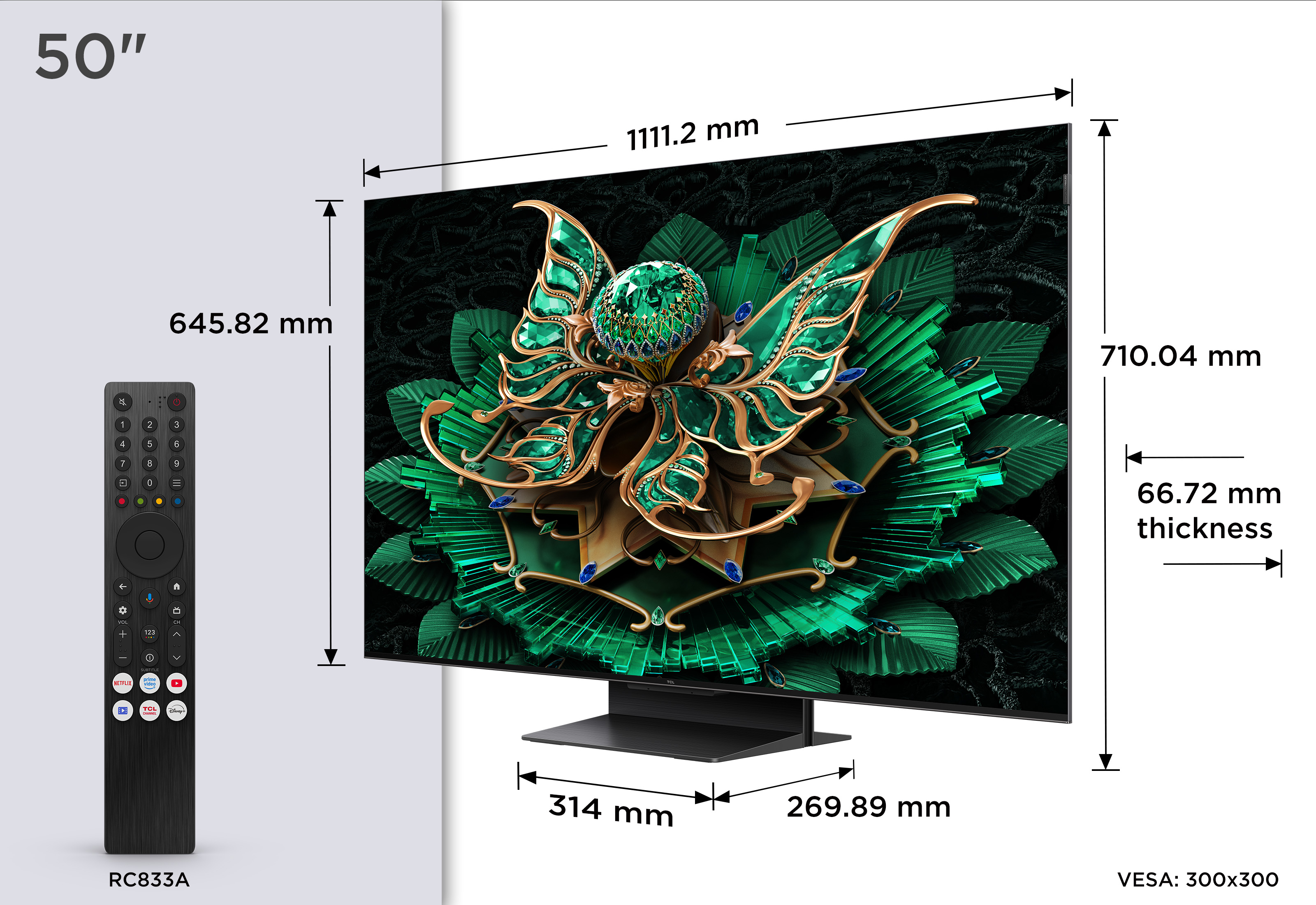 Téléviseur avec dimensions et télécommande. L'image est un motif floral avec dimensions. Télécommande noire.