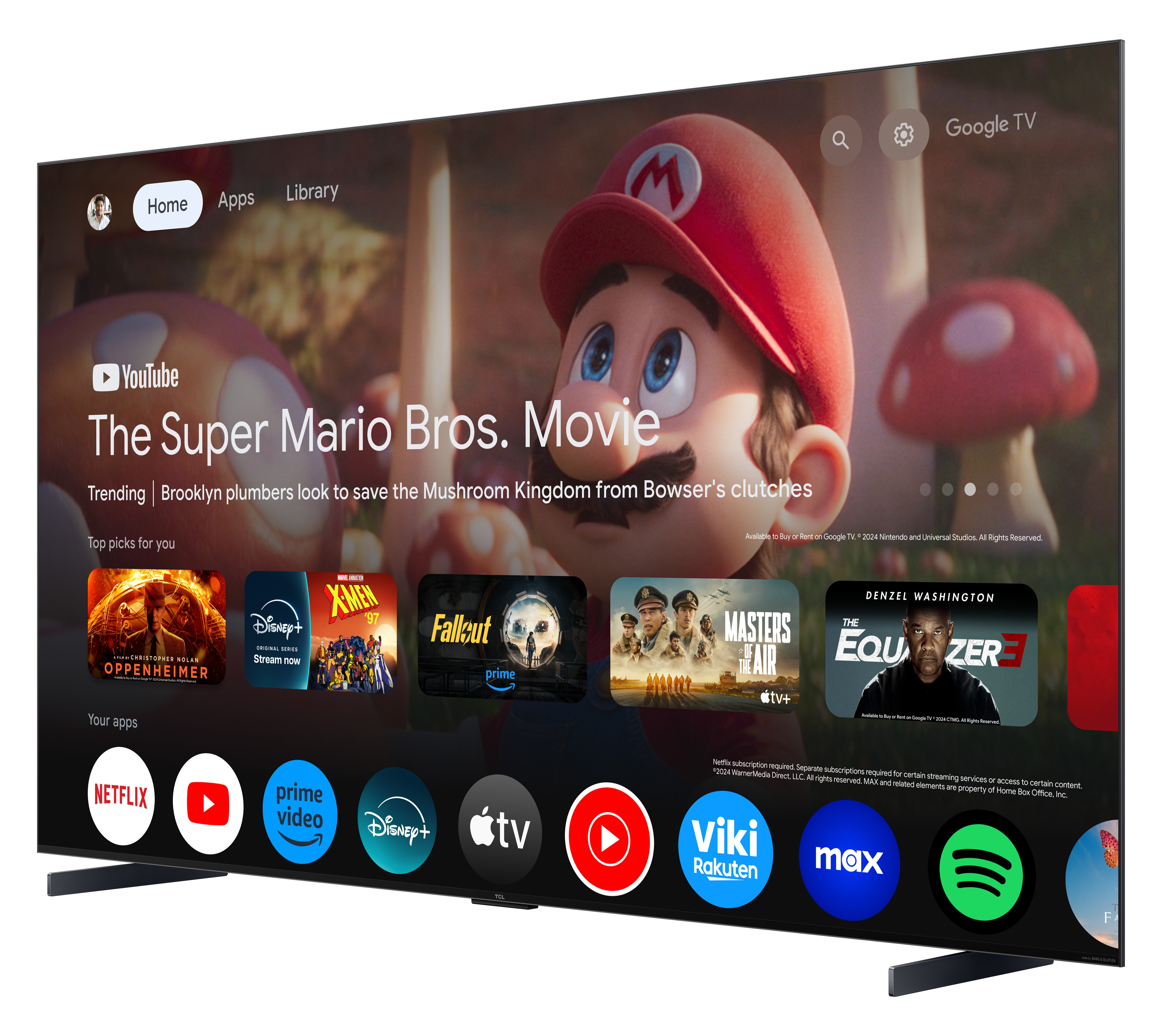 Écran TV montrant Mario de Super Mario Bros. Movie, avec icônes d'applications comme Netflix.