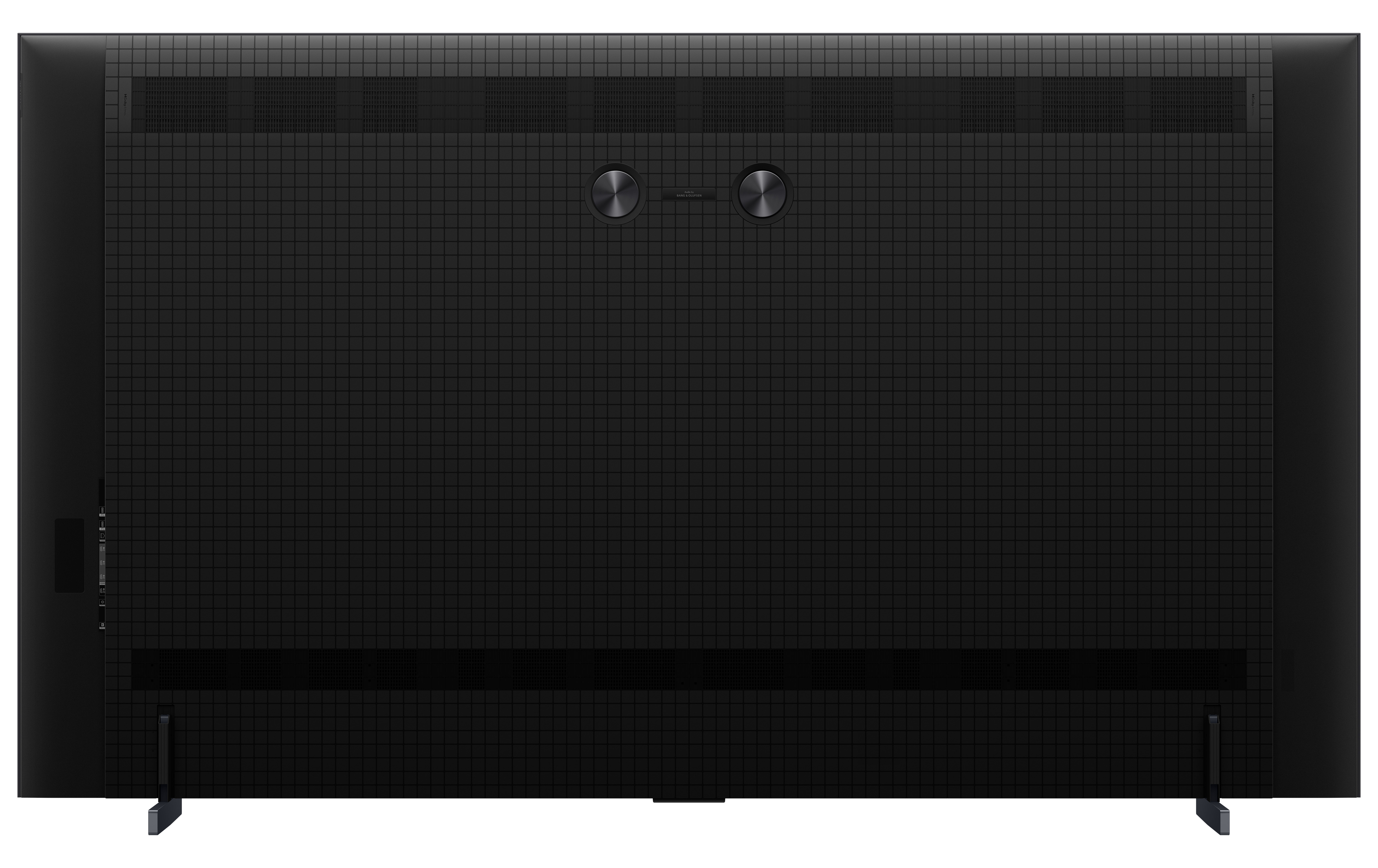 Panneau arrière de TV noir avec motif quadrillé, deux ports circulaires et un pied.