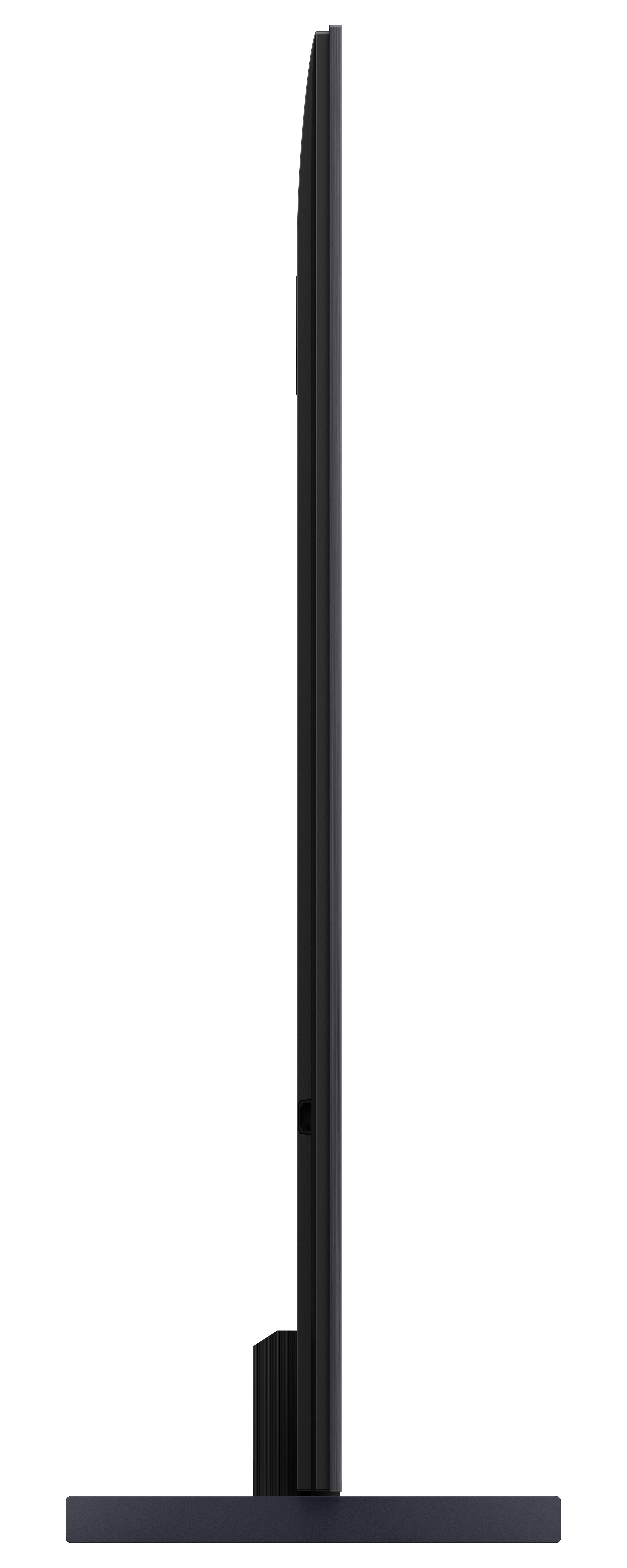 Vue de profil d'une TV noire avec pied, montrant son design fin.