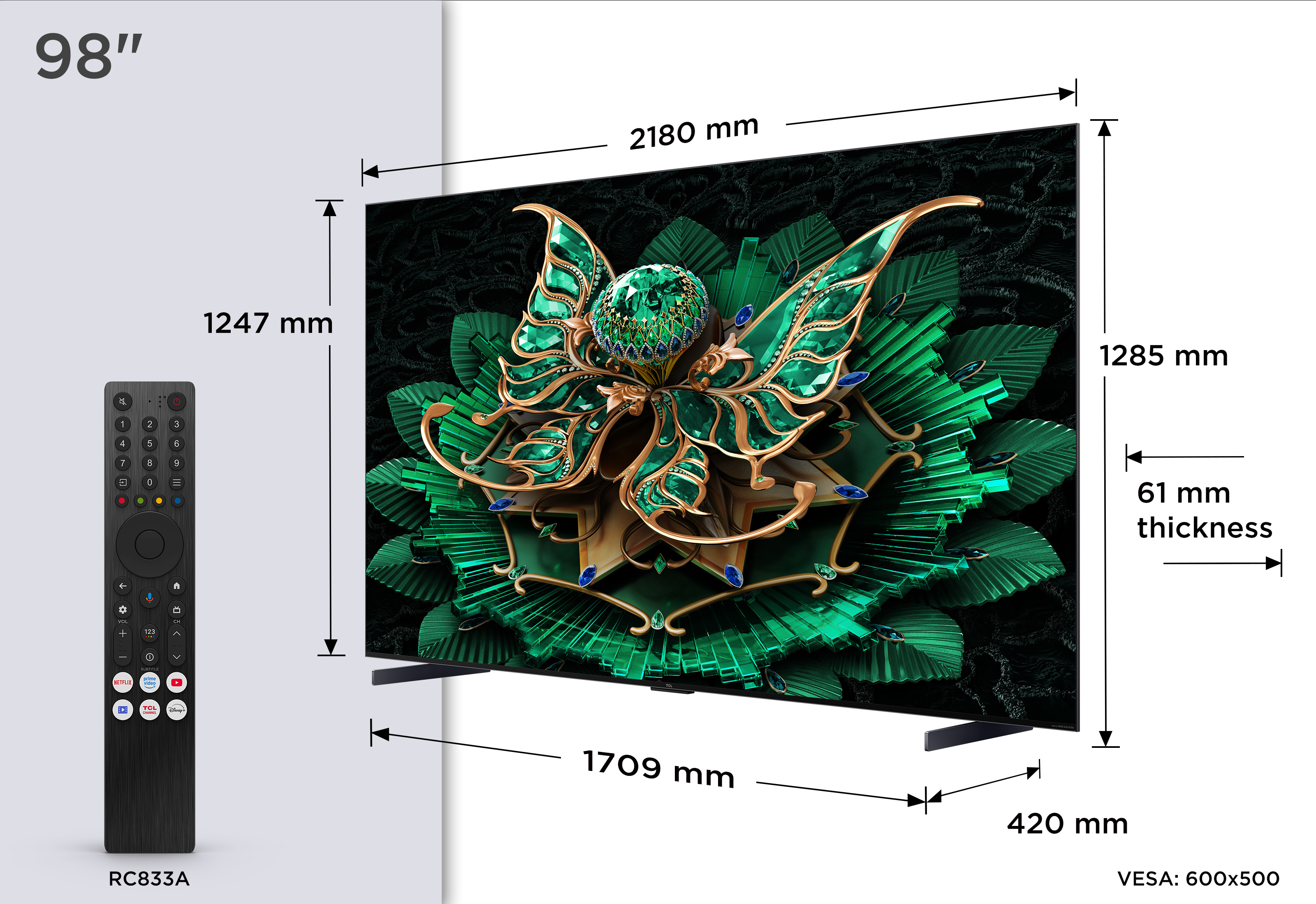 TV 98" avec télécommande, dimensions : 1247mm, 2180mm, 1285mm, 1709mm et 61mm épaisseur.