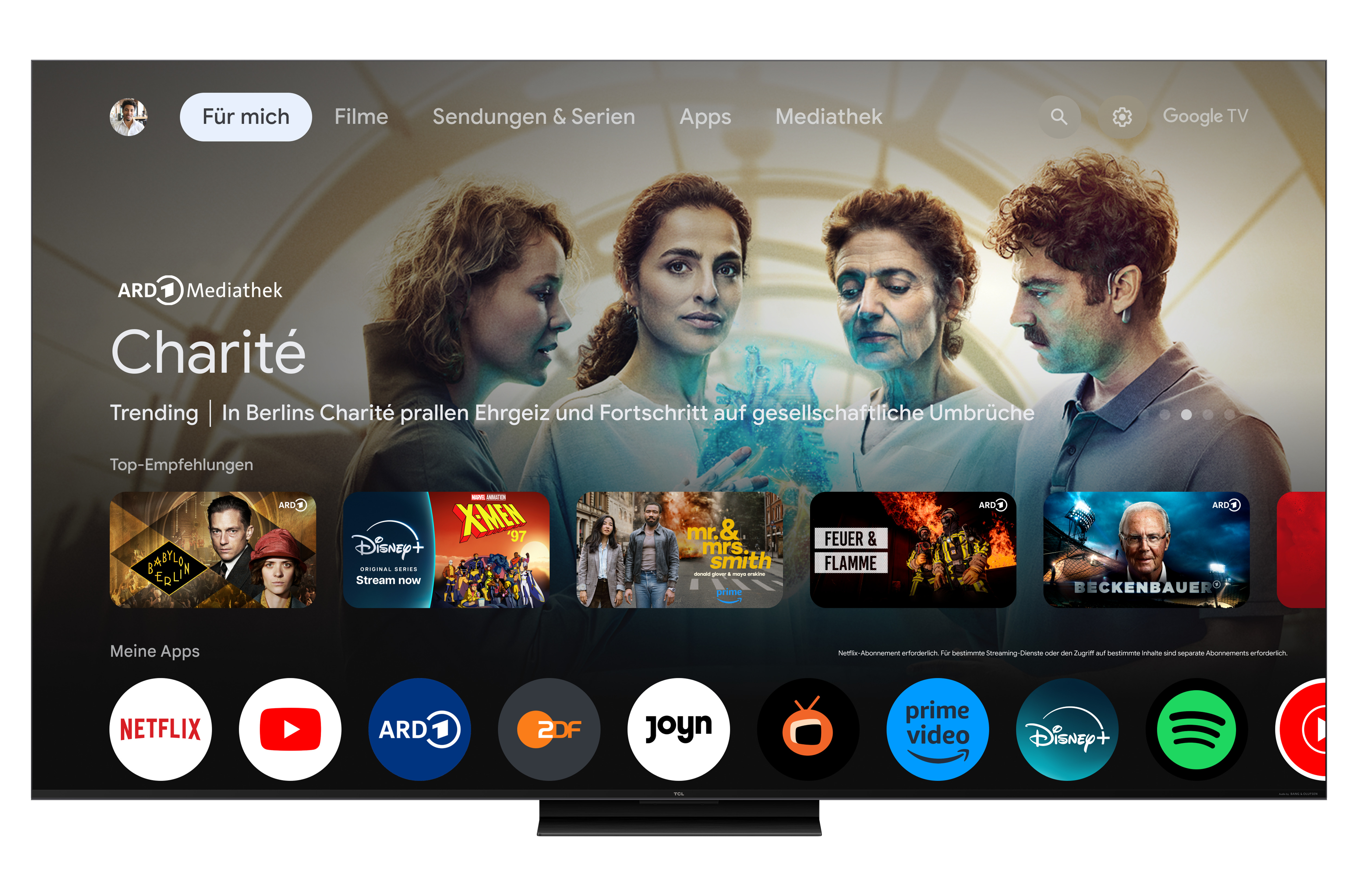 Schermo TV mostra ARD Mediathek Charité, tendenze e icone app come Netflix e YouTube.