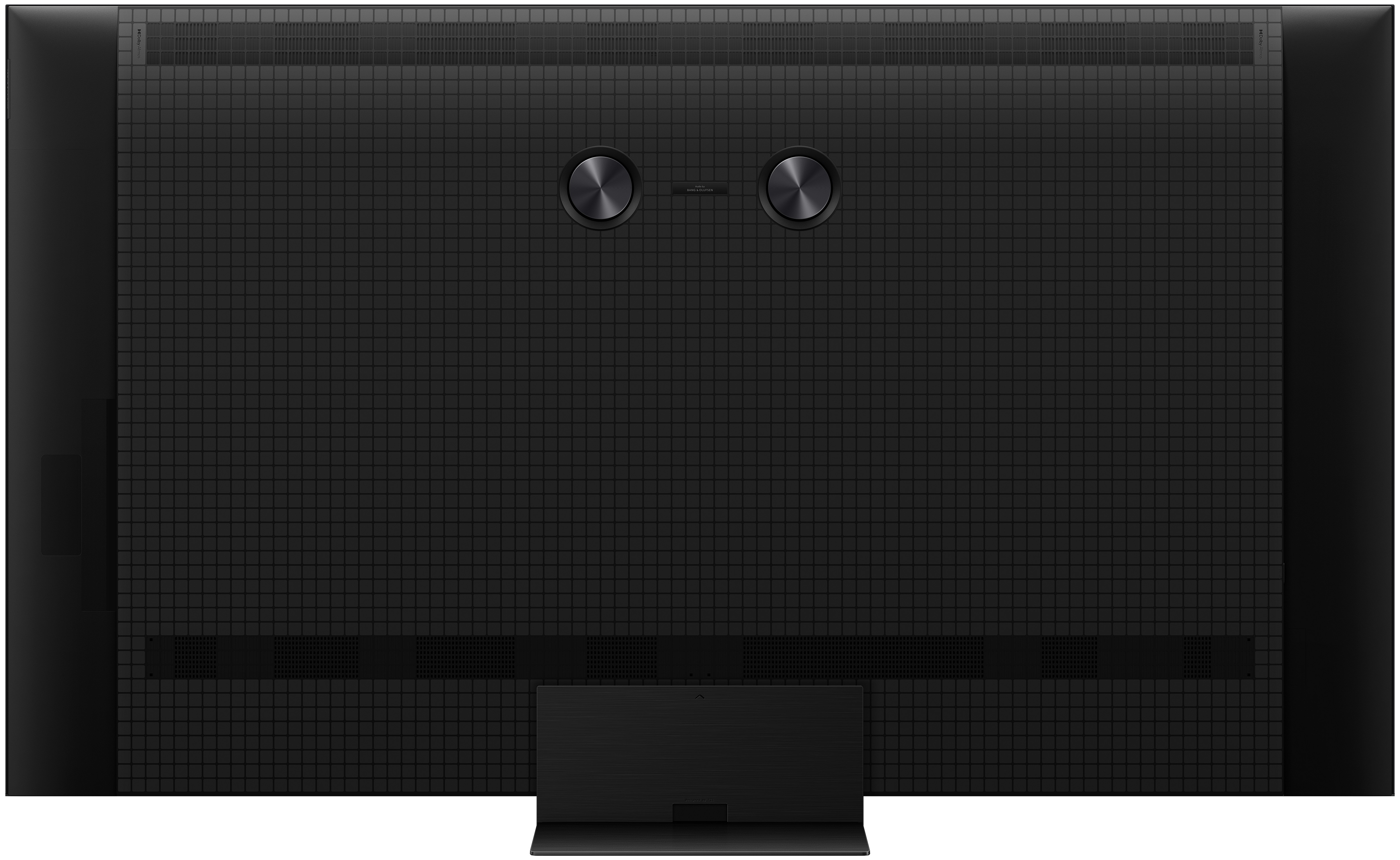 Vue en angle de l'arrière d'un téléviseur noir avec surface texturée, boutons et deux supports.