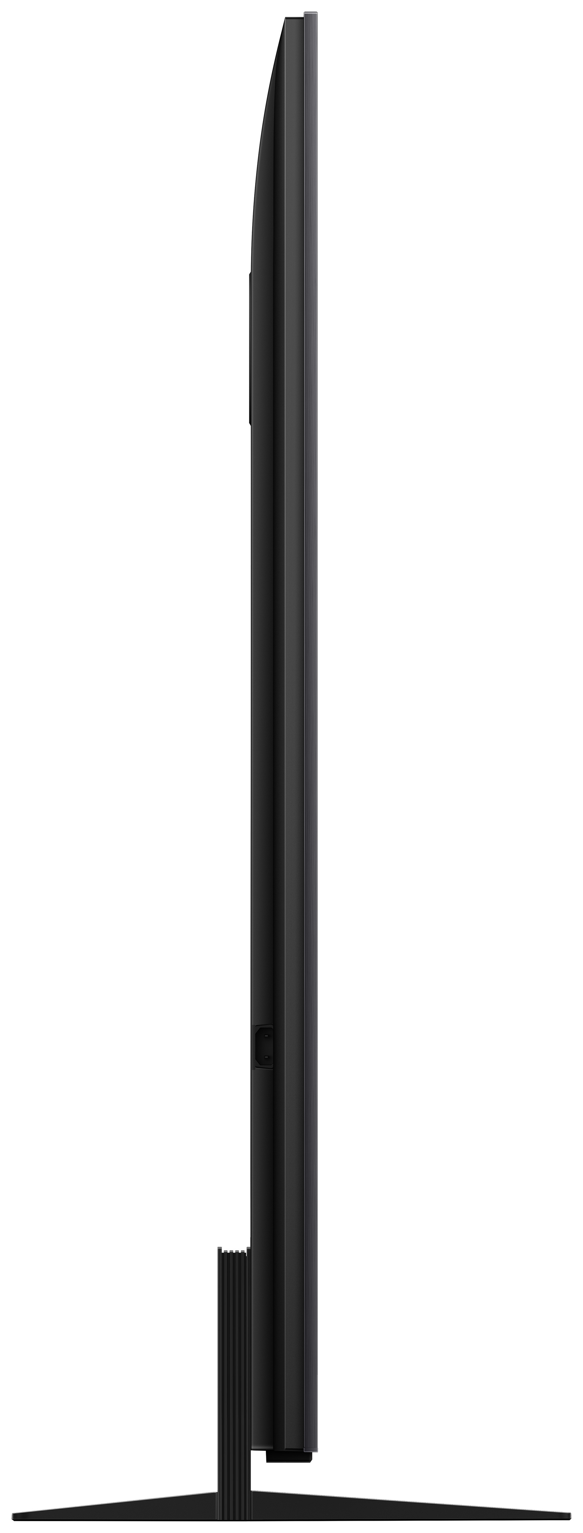 Vue latérale d'un téléviseur noir, montrant les ports et le design fin.