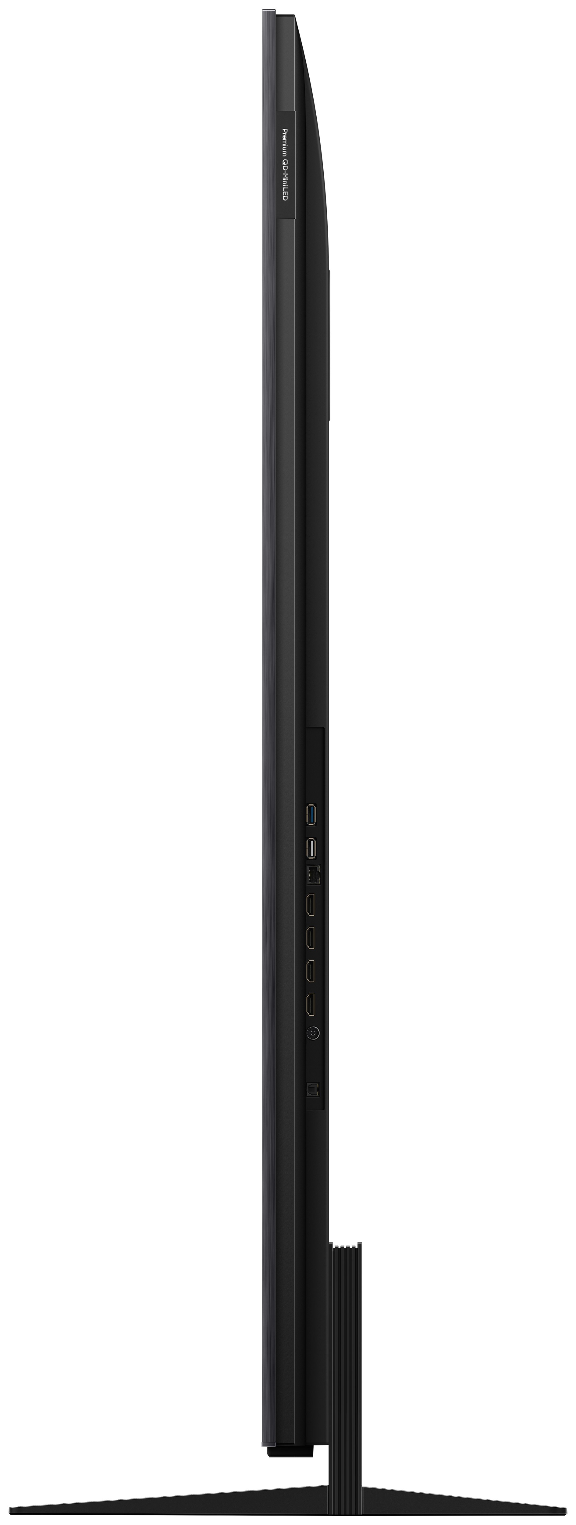 Vue latérale d'un téléviseur noir, montrant son profil fin et sa base.
