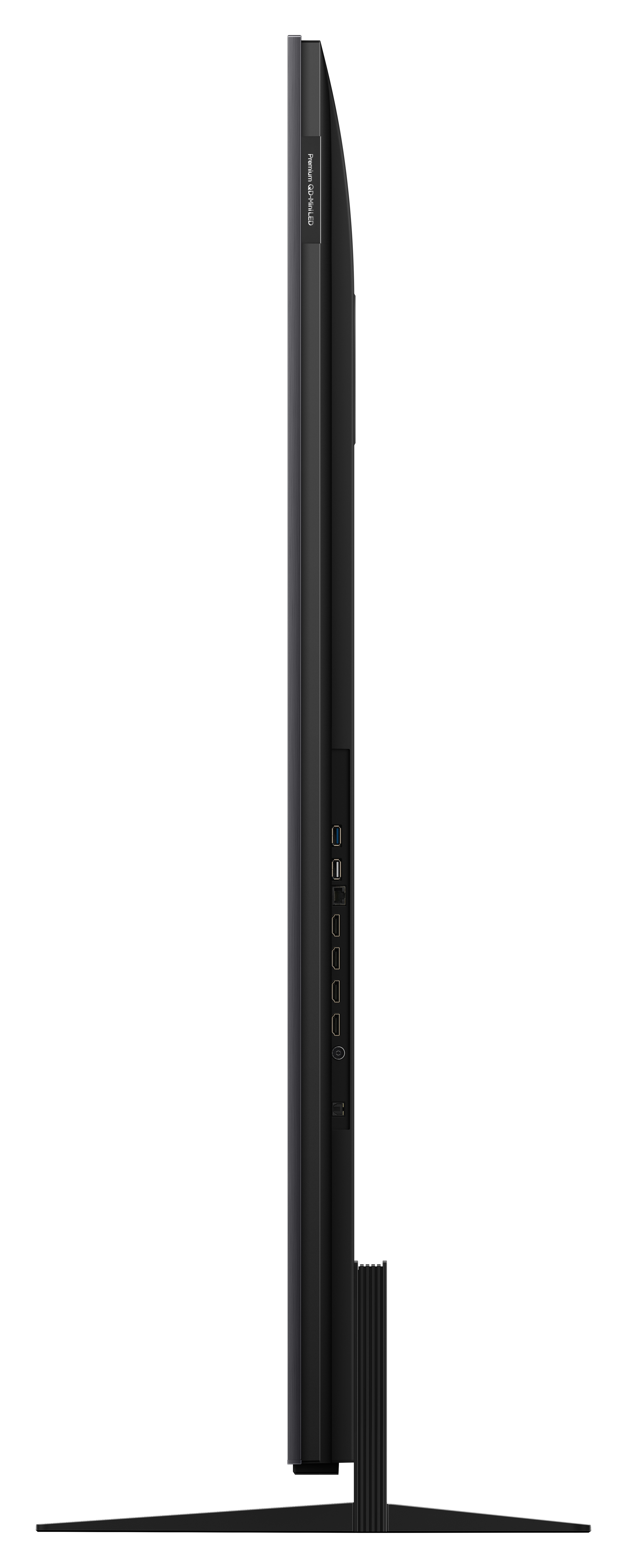 Vista laterale di una TV nera con porte e supporto.