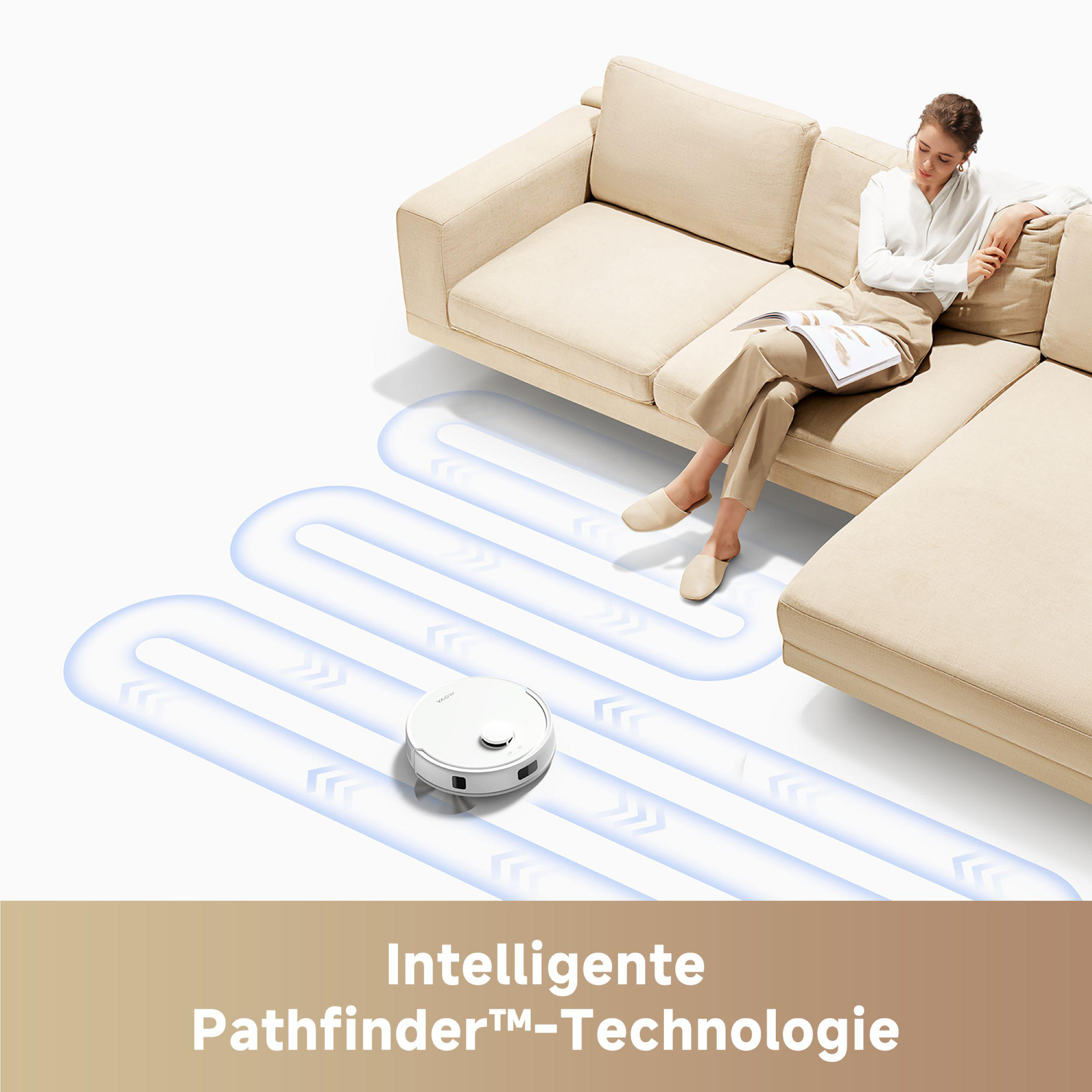 Roboter-Staubsauger reinigt den Boden, folgt einem Pfad, in der Nähe eines Sofas.