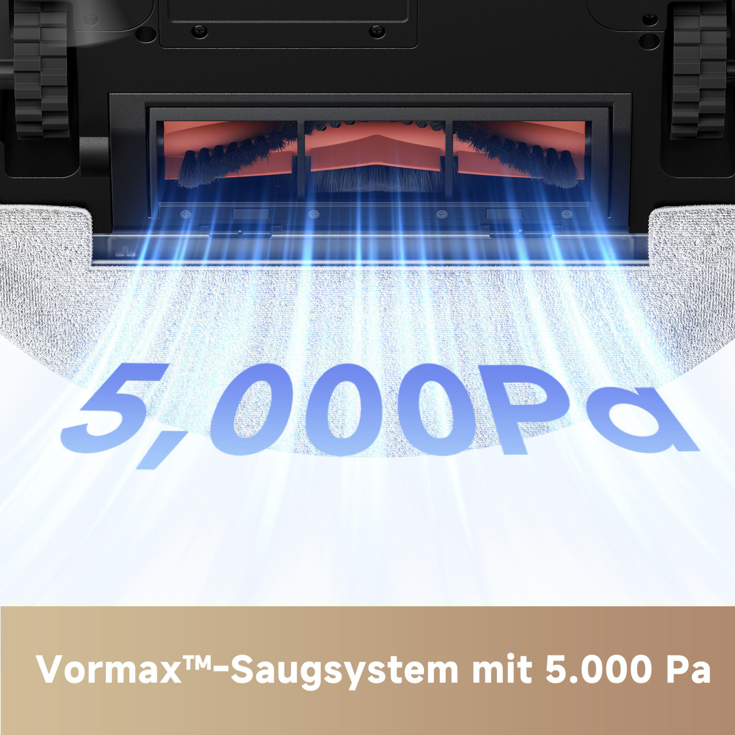 Roboter-Staubsauger zeigt das Saugsystem mit 5.000 Pa Leistung.