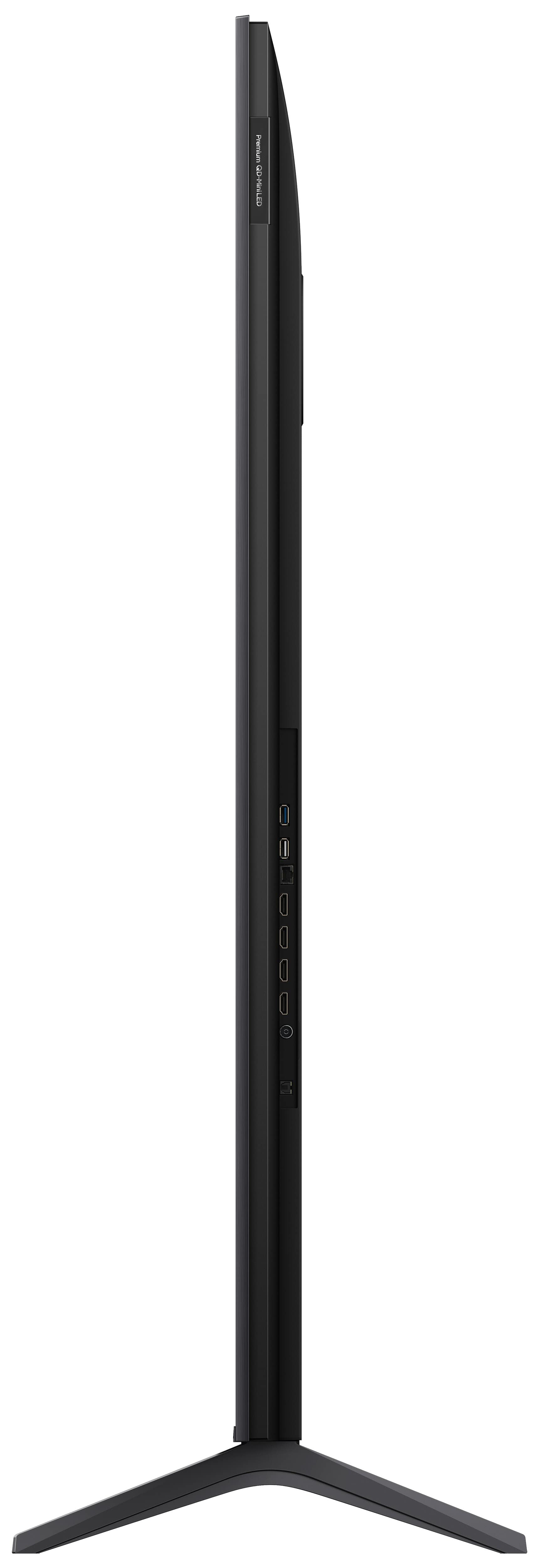 Vista laterale di una TV nera con porte e supporto.