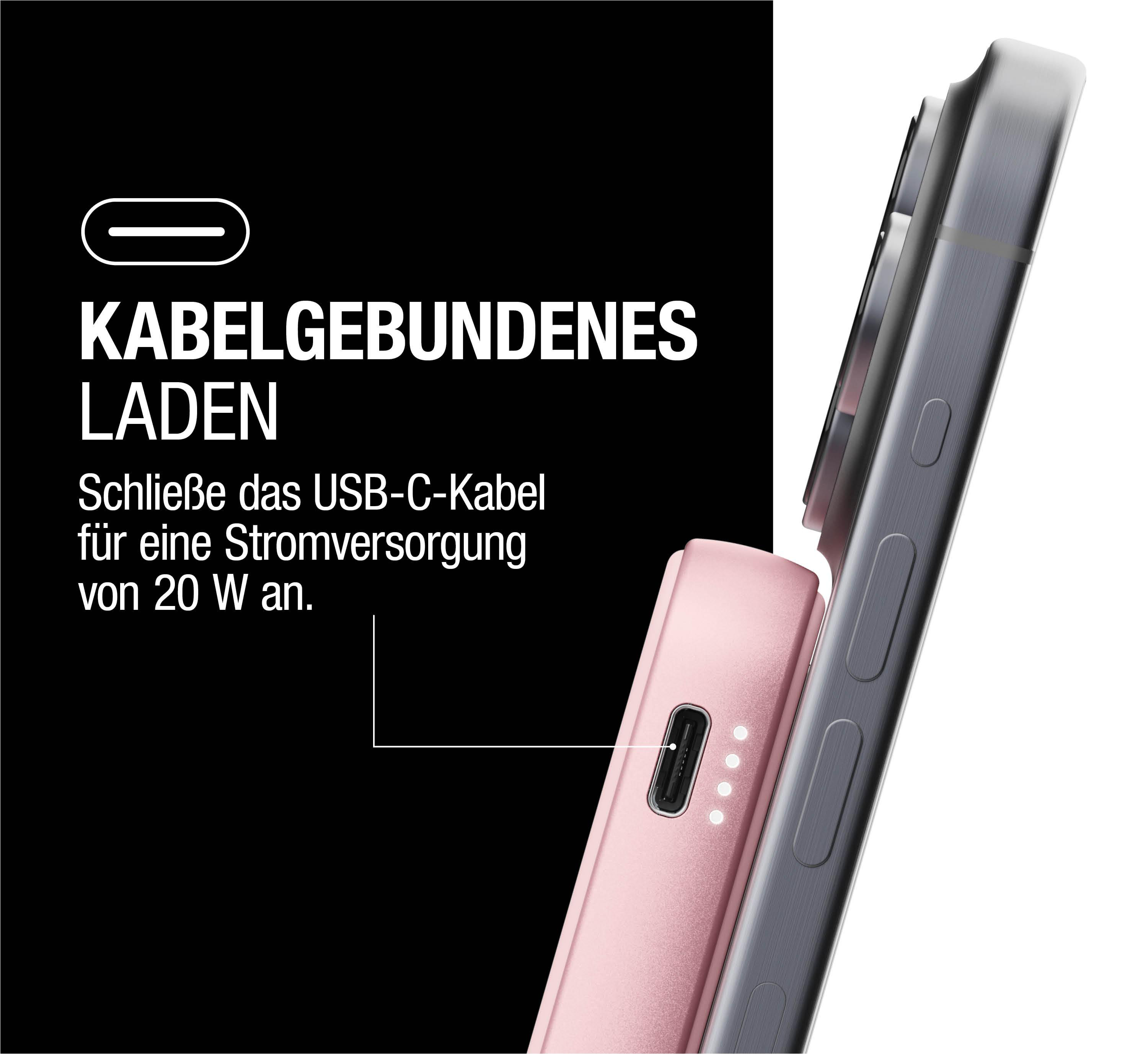 Eine pinke Powerbank ist über ein USB-C-Kabel mit einem grauen Telefon verbunden, was das kabelgebundene Laden anzeigt.