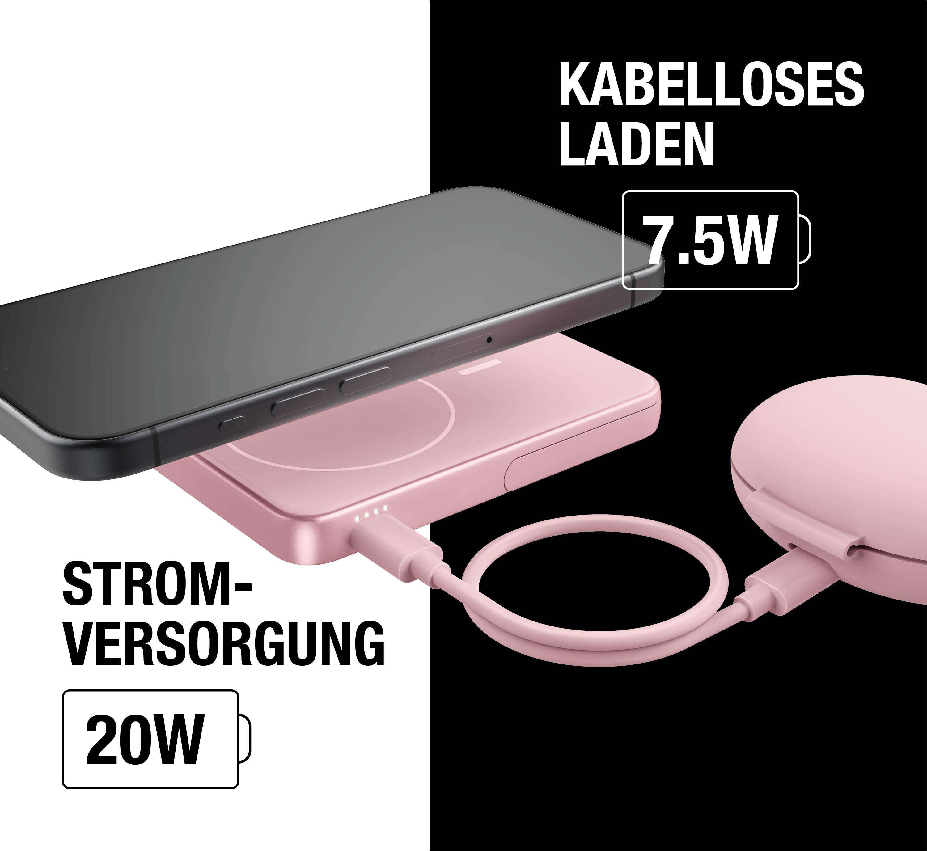 Ein schwarzes Smartphone wird kabellos auf einer pinken Powerbank geladen, mit 20W und 7.5W Etikett.