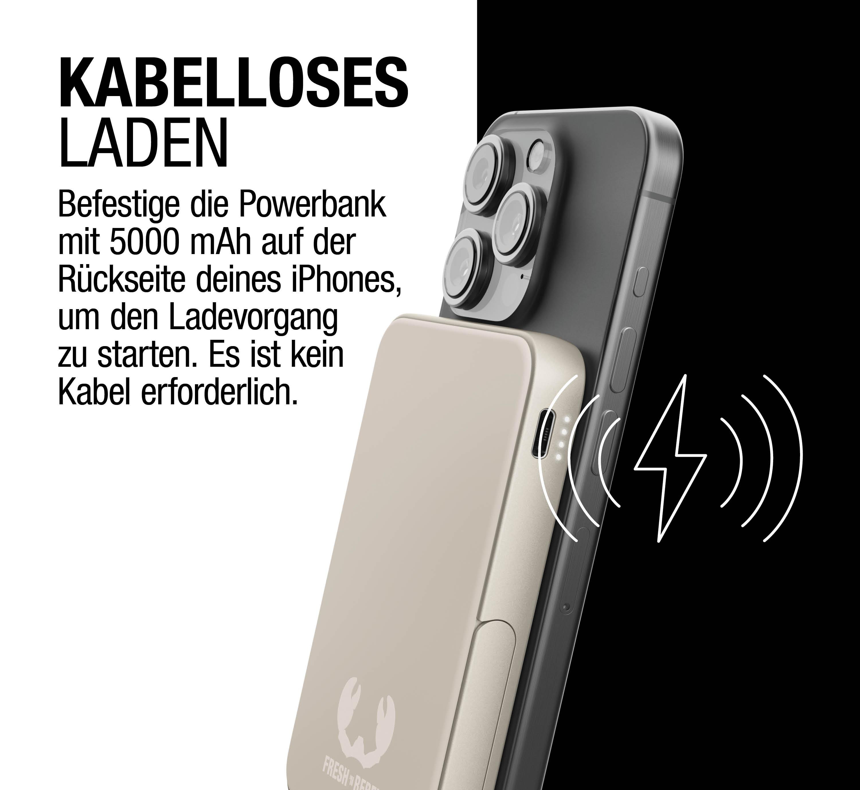 Ein beiges kabelloses Ladegerät mit angeschlossenem Telefon. Das Telefon wird kabellos geladen.
