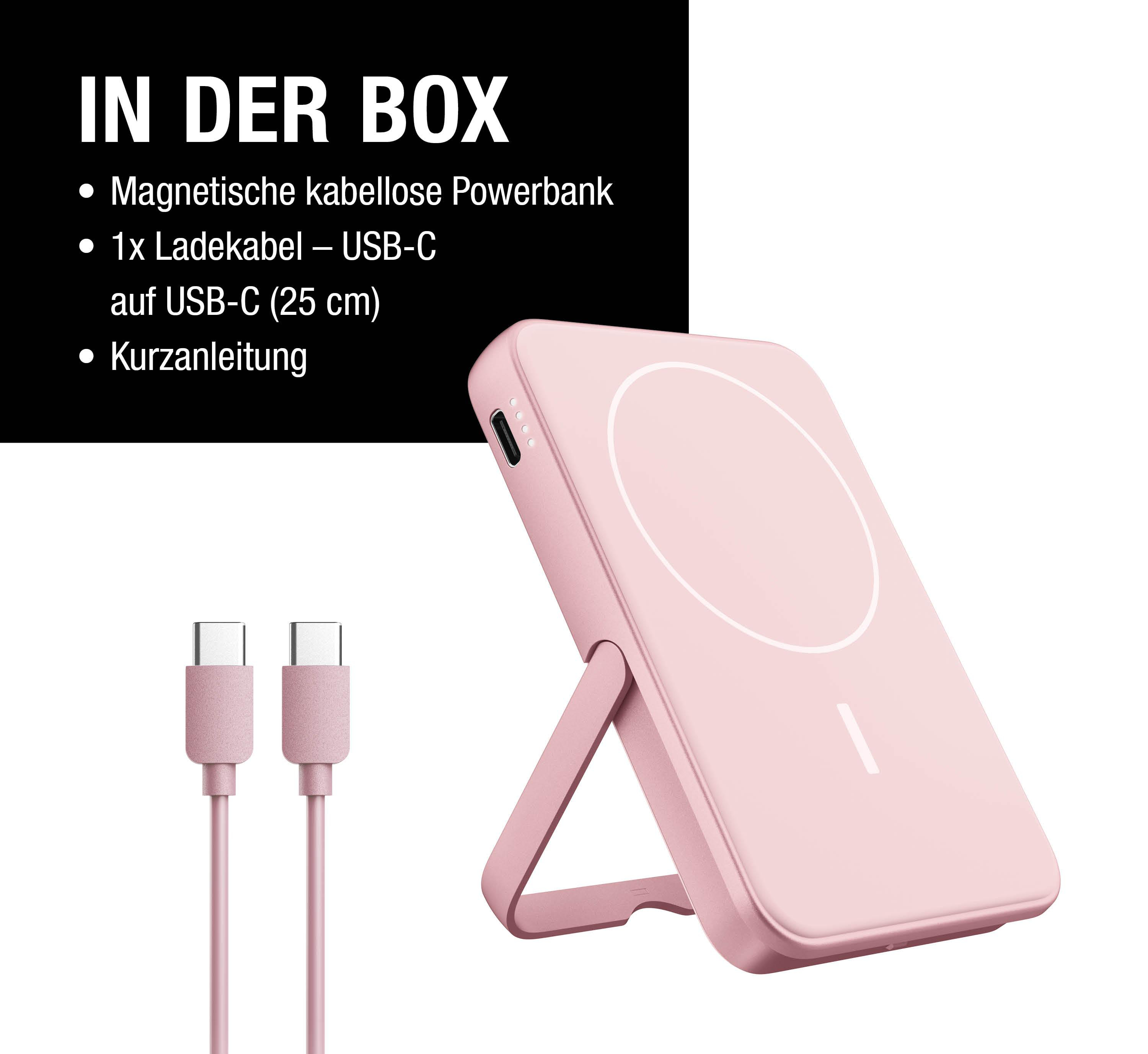 Rosa kabellose Powerbank mit Ständer, USB-C-Kabel und einer Liste der enthaltenen Artikel. Text: In der Box.
