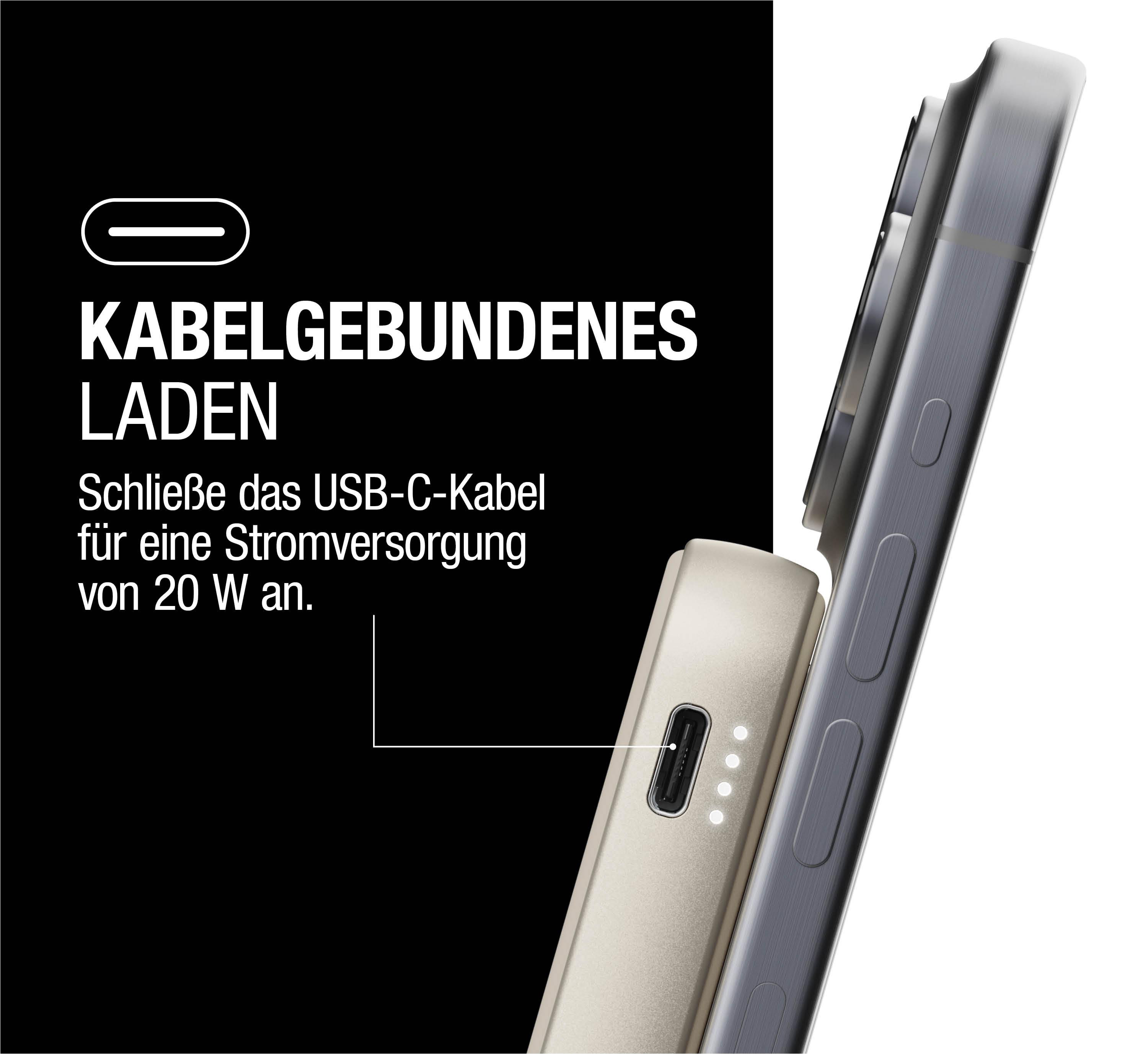 Ein Telefon, das sich über ein USB-C-Kabel mit einer Powerbank verbindet. Text: Kabelgebundenes Laden. Schließen Sie das USB-C-Kabel an.