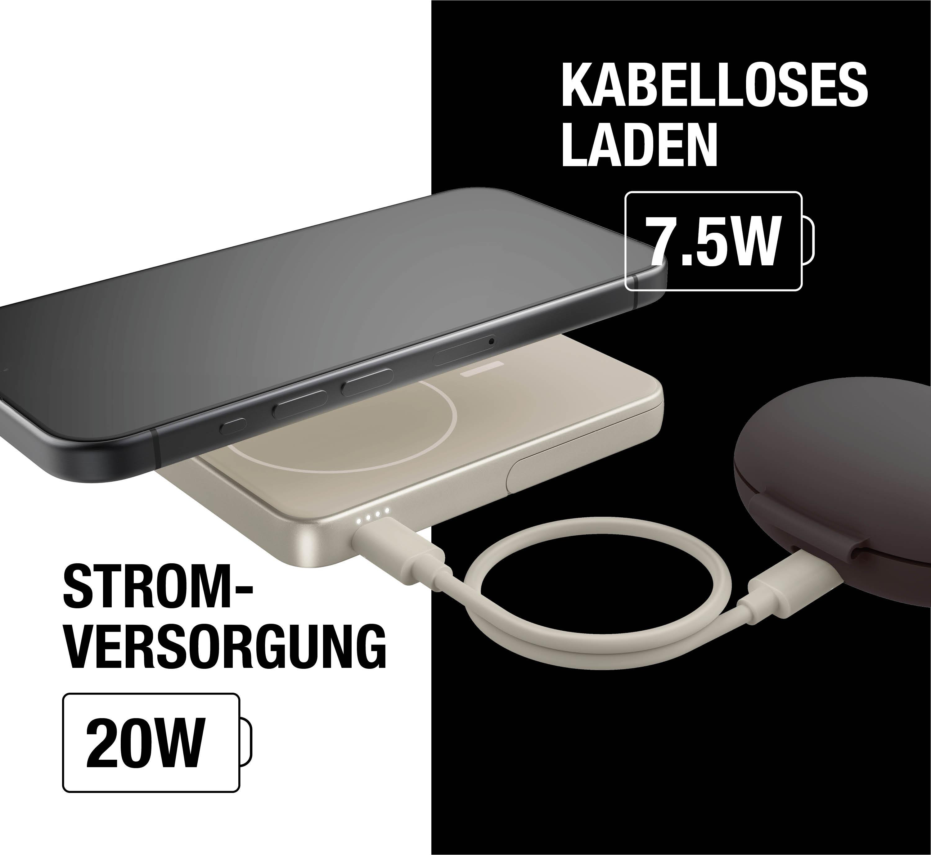 Telefon, das drahtlos auf einer Powerbank geladen wird. Text: Kabelloses Laden. Stromversorgung 20W, 7,5W.