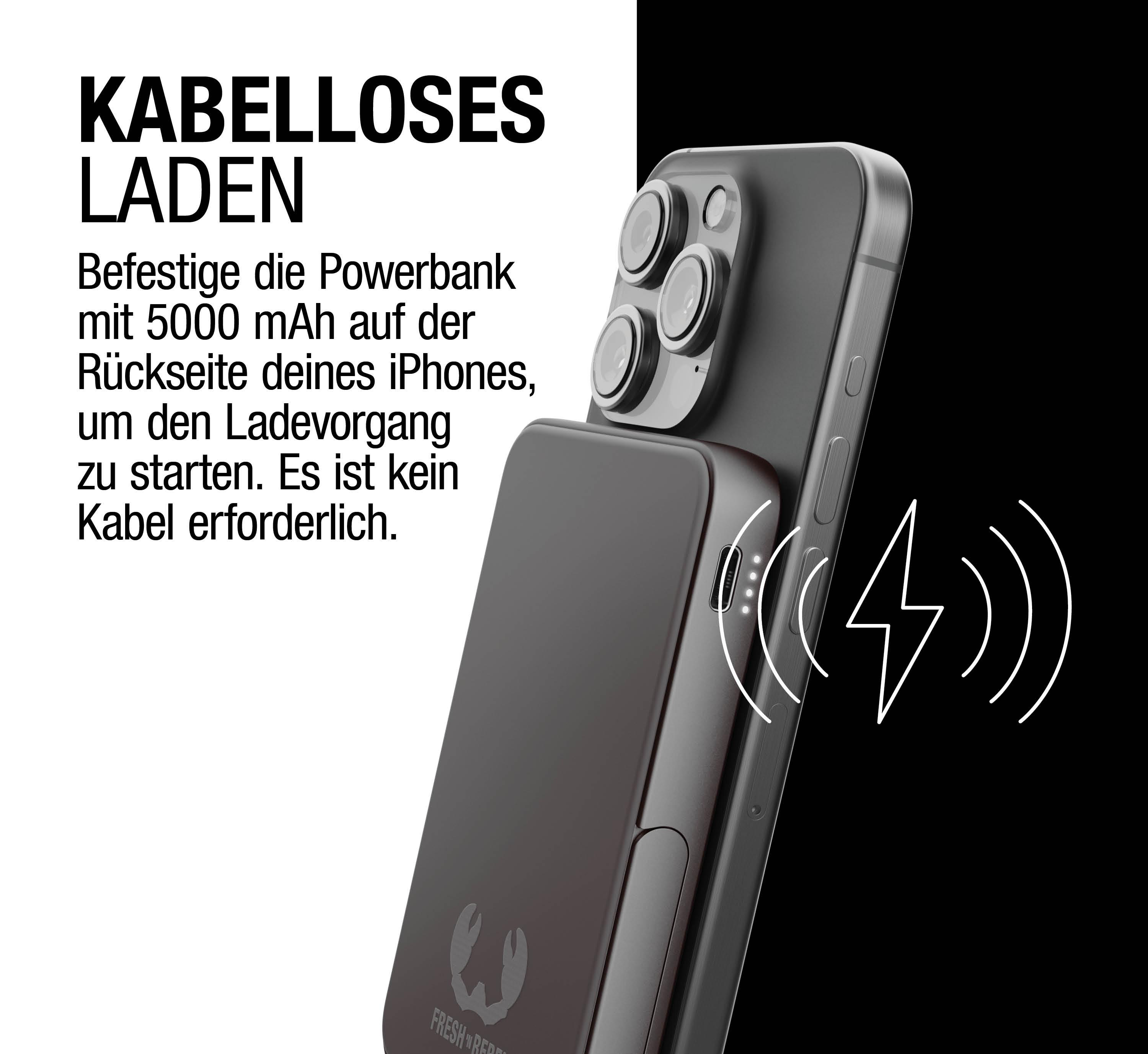 Eine Person, die ein Telefon hält, das an einer Powerbank befestigt ist. Text: Kabelloses Laden. An der Rückseite des iPhones befestigen.