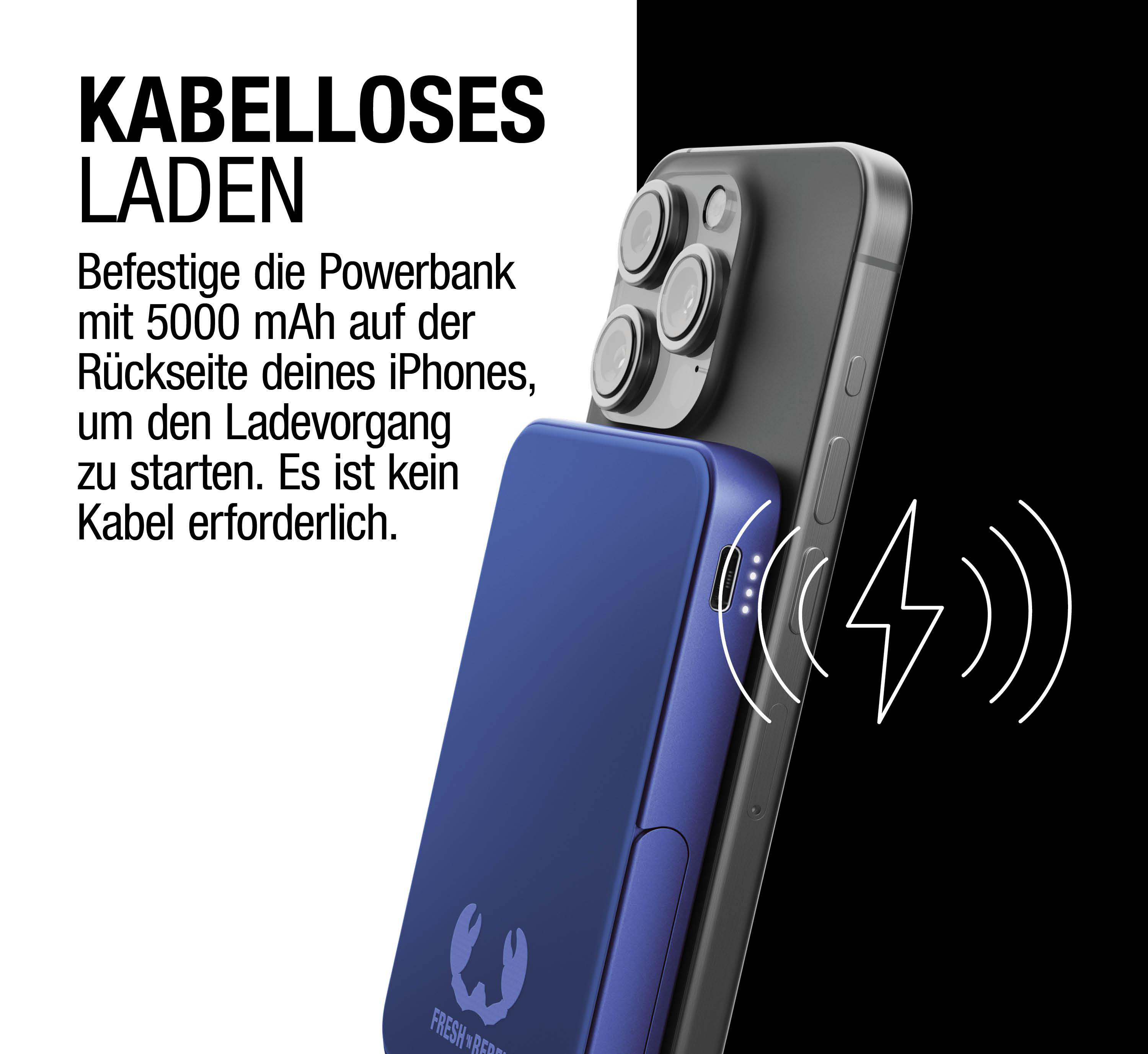 Ein Telefon, das an einer blauen Powerbank befestigt ist. Text: Kabelloses Laden. An der Rückseite des iPhones befestigen.