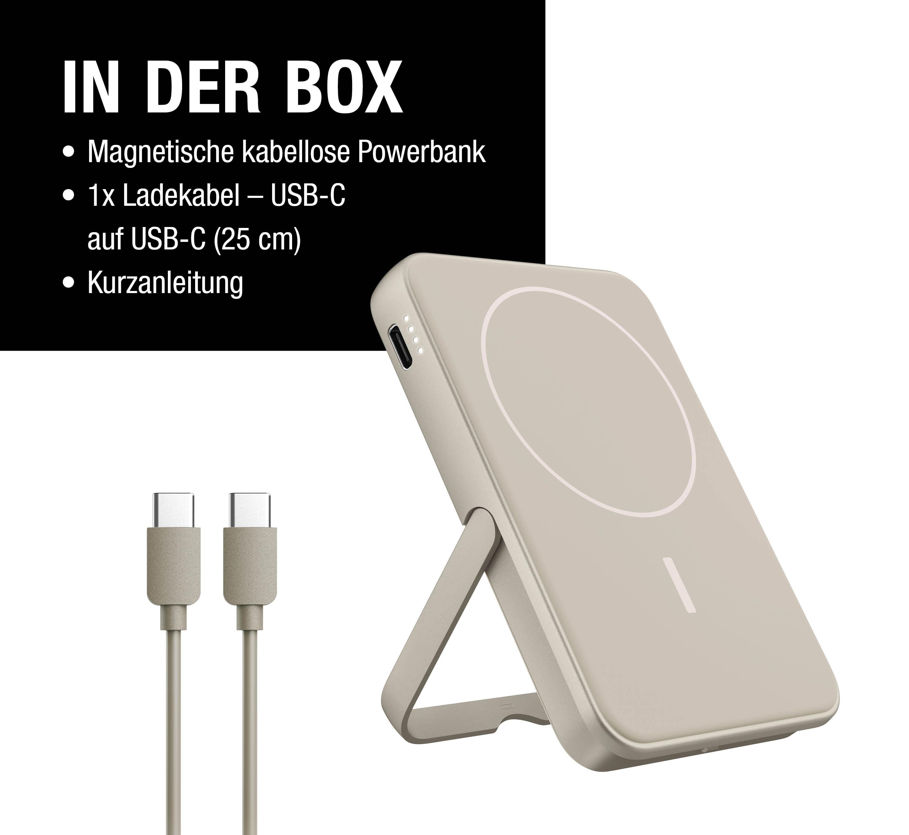 Eine Powerbank in neutraler Farbe mit Ständer, USB-C-Kabel und einer Liste der enthaltenen Artikel. Text: In der Box.